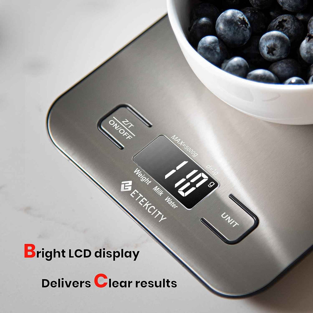 Etekcity digital kitchen scale, medium, 304 stainless steel, 11lb capacity, LCD display, grams and ounces