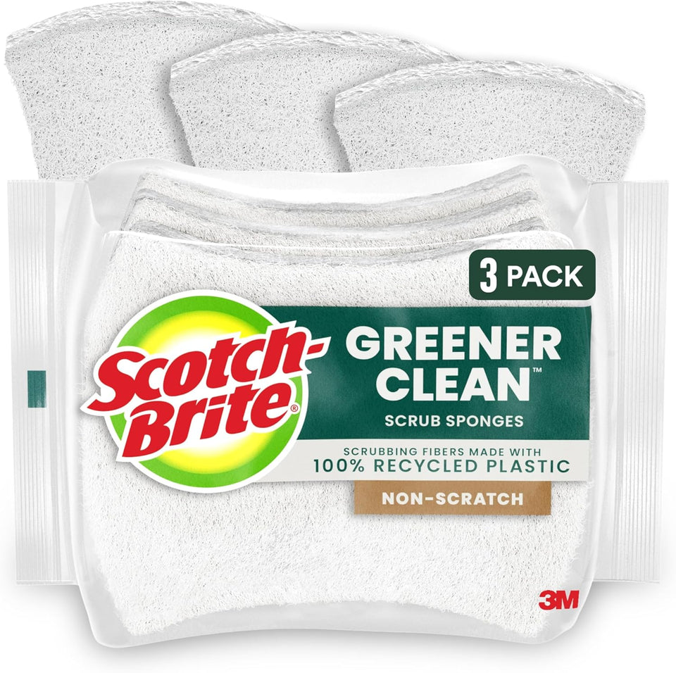 Scotch-Brite Greener Clean Non-Scratch Scrub Sponge, Sponge for Washing Dishes, Cleaning Kitchen, Superior Performance and Made with Sustainable Materials, Dishwasher Safe, 3 Scrub Sponges