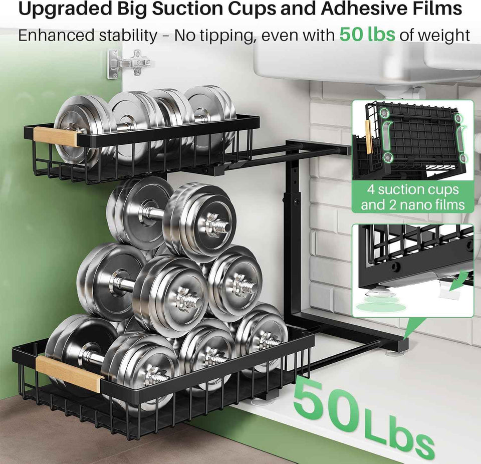 Under Sink Organizer, 2 Packs 2 Tier Under Sink Organizers and Storage, Slide out Pull out Cabinet Organizer Shelf, Metal Sliding Drawer for Kitchen Bathroom Pantry Cabinet Closet Organization Rack