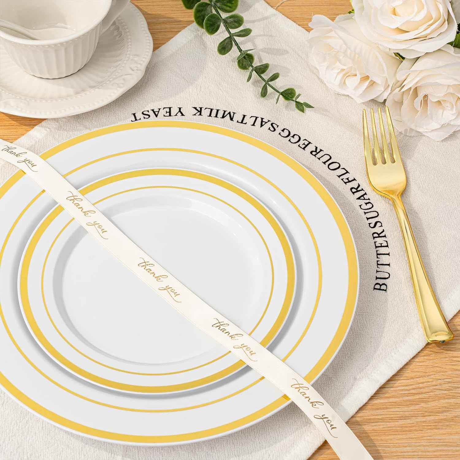 BestVIP 700PCS Gold Plastic Dinnerware Set for 100 Guests, BPA Free, Disposable Plates with Silverware, Cups, and Napkins