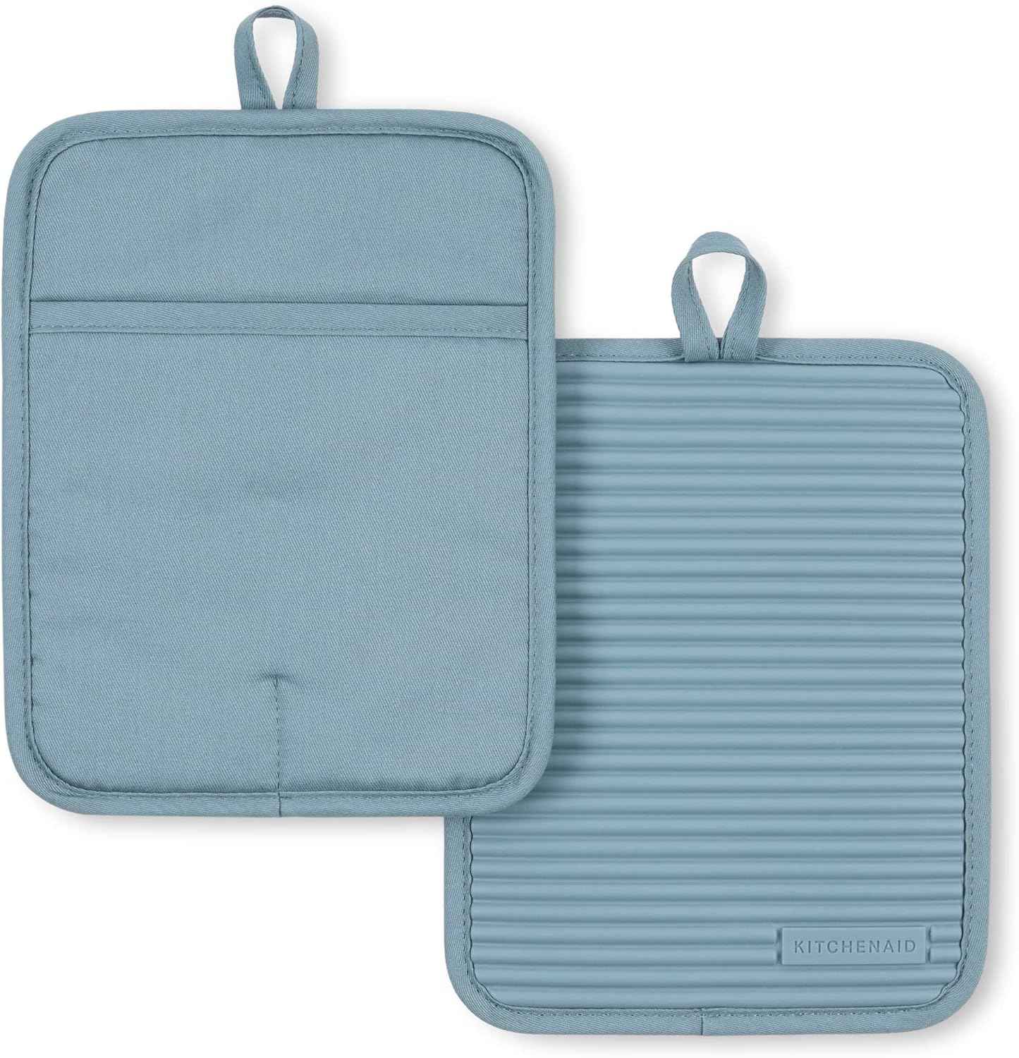 KITCHENAID Ribbed Soft Silicone Pot Holder 2-Pack Set, Matte Black, 7"x9"