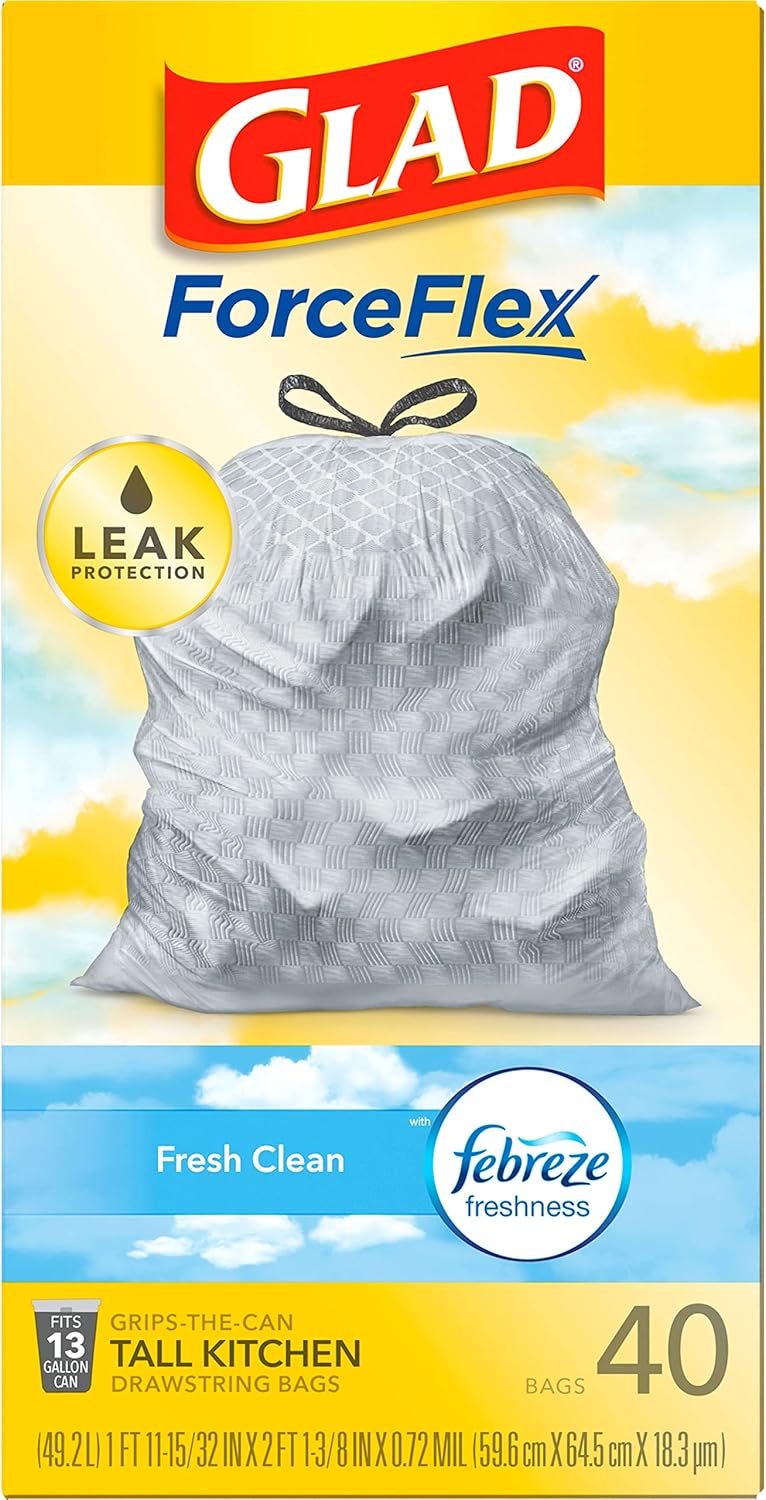 Glad ForceFlex Tall Kitchen Trash Bags, 13 Gallon, Gain Fresh Clean, 40 Count (Package May Vary) - ShopUS