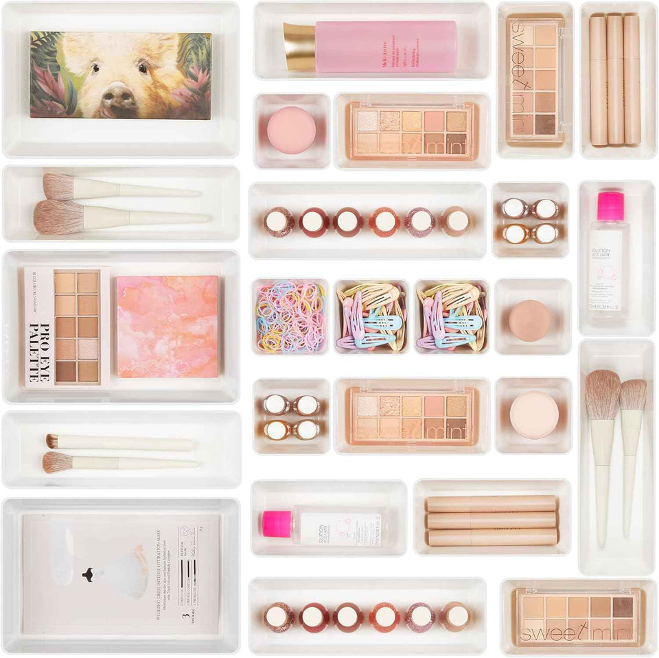 Vtopmart 25 PCS Clear Plastic Drawer Organizers Set, 4-Size Versatile Bathroom and Vanity Drawer Organizer Trays, Storage Bins for Makeup, Bedroom, Kitchen Gadgets Utensils and Office