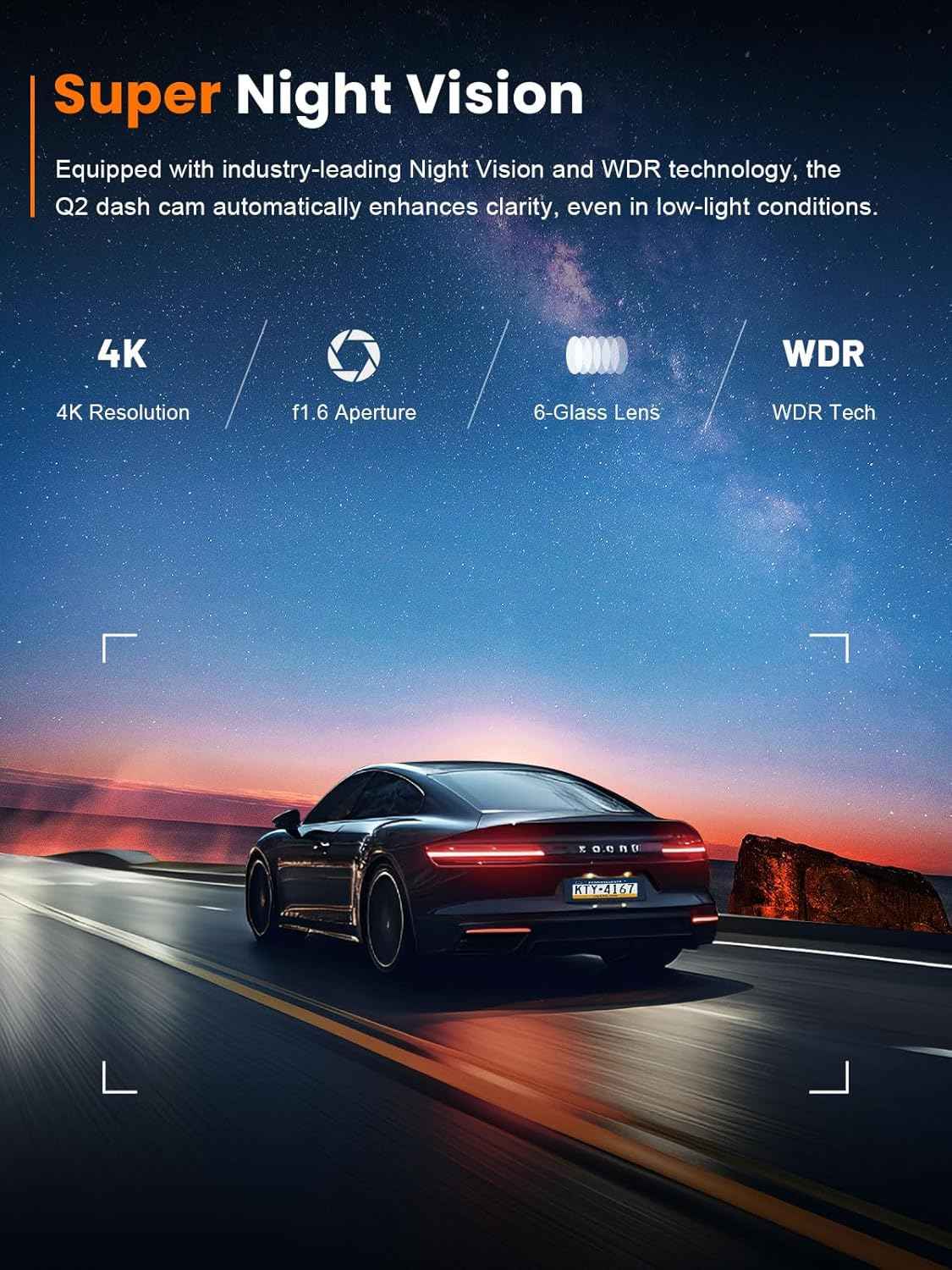 Galphi-Q2 4K dash cam with 5G WiFi, 64GB card, loop recording, and 24-hour parking monitor