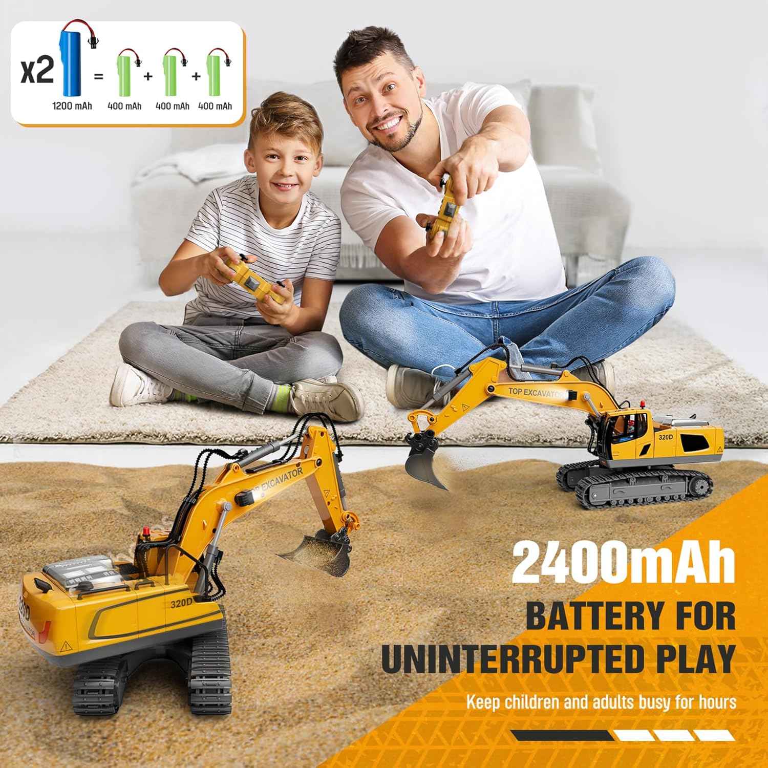 KIDMARKT remote control excavator toy for boys, 11-Channel metal construction truck with lights, 2x1200mAh batteries, 120-Min playtime