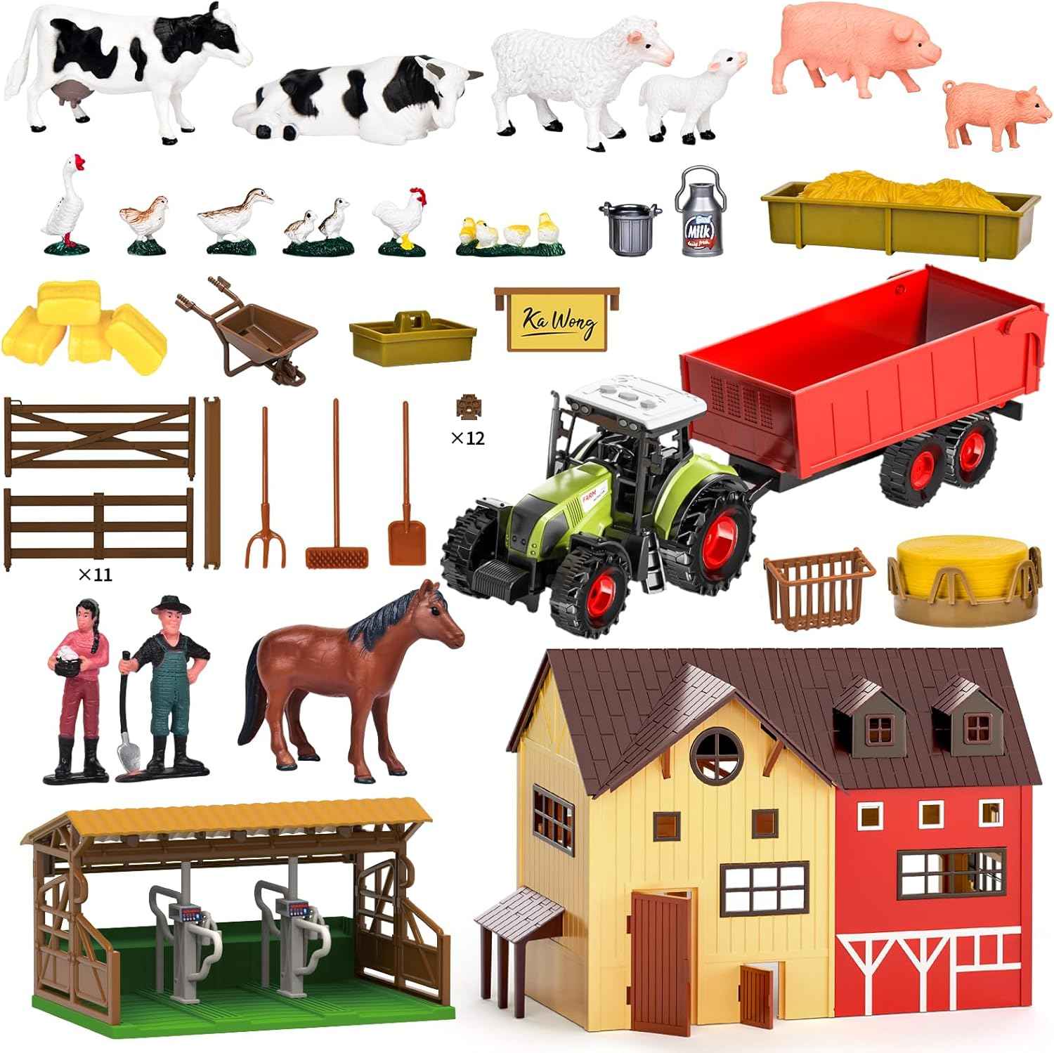 pupu pig kids farm animal toys set with tractor, horse stable, cowshed, chicken fence, lights & sound for boys toddlers ages 3+