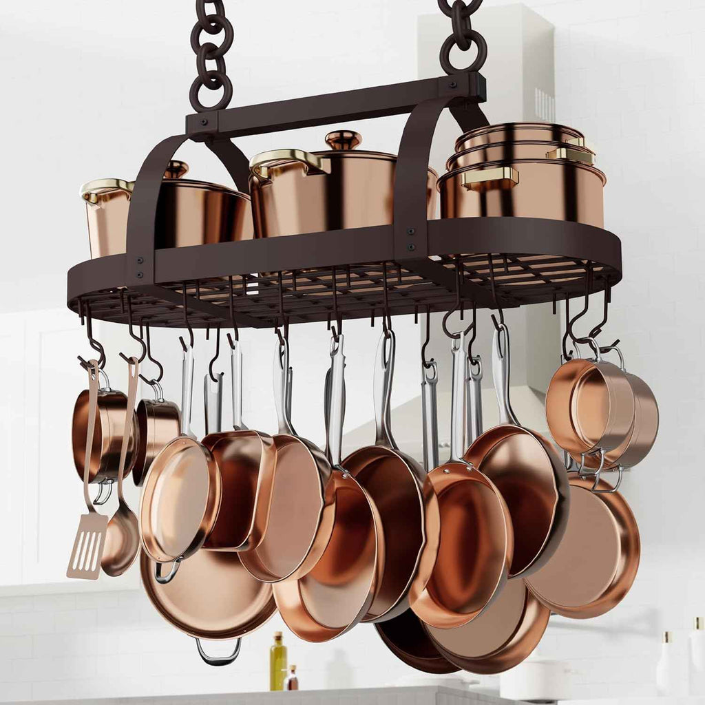 KES 34 inch Oiled Bronze Hanging Pot Rack with 20 Hooks for Kitchen Ceiling Mount, Heavy Duty Oval Pot Pan Hangers for 16 and 24 inch Joist Mount