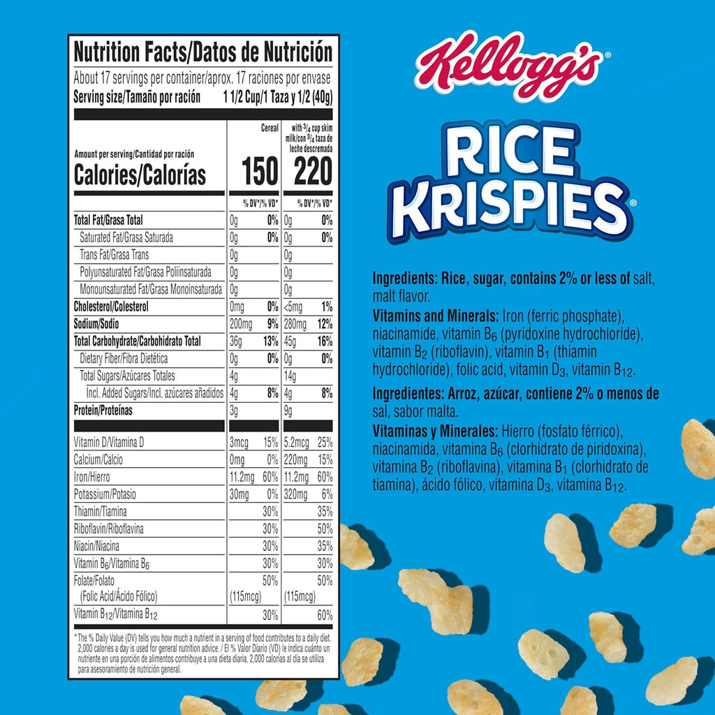Kellogg's Original Rice Krispies Cold Breakfast Cereal, Giant Size, 24oz Box, 8 Vitamins and Minerals