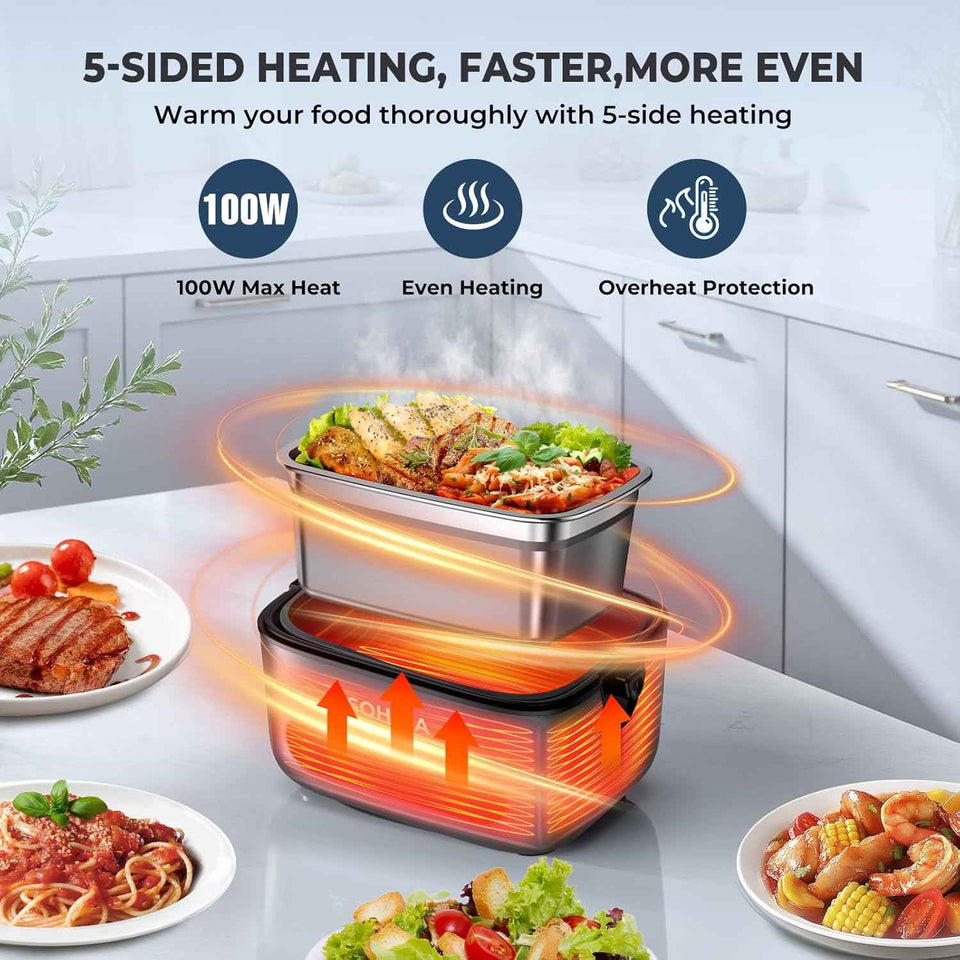 100W Cordless Electric Lunch Box for Adults & Men, Rechargeable Battery Powered Heated Lunch Box, 1.2L Portable Food Warmer Lunchbox with 5-Sided Heating for Work Car Outdoor Use