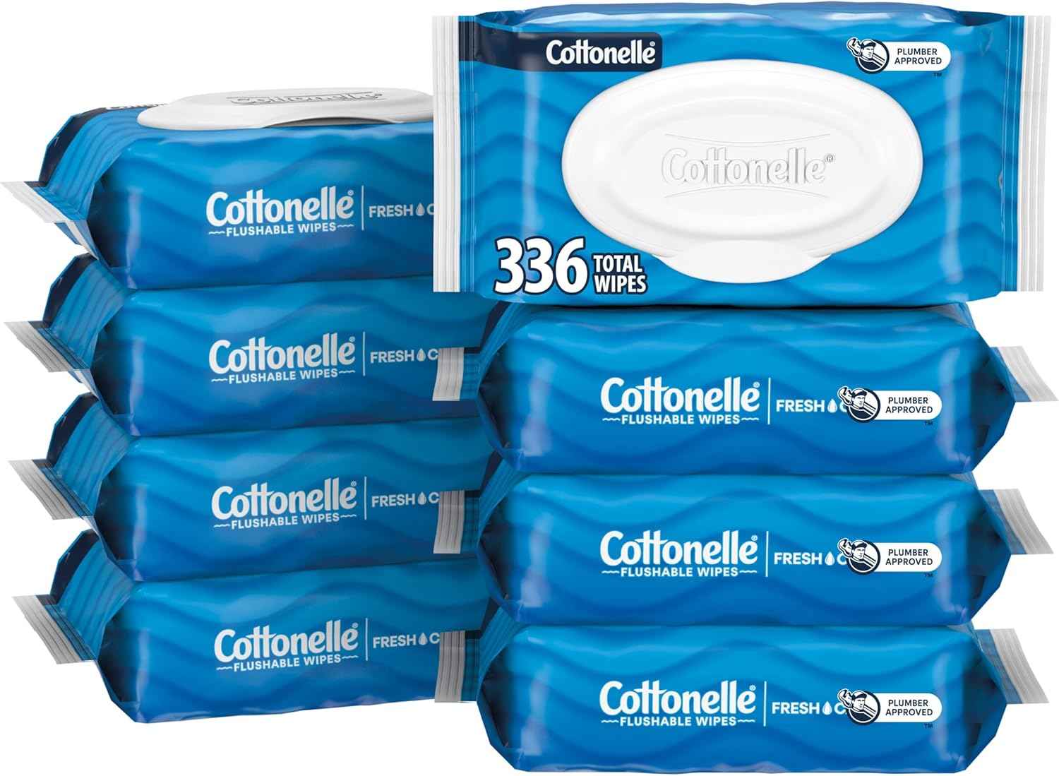 cottonelle fresh feel adult wet wipes, septic-safe, 336 total wipes, 8 flip-top packs