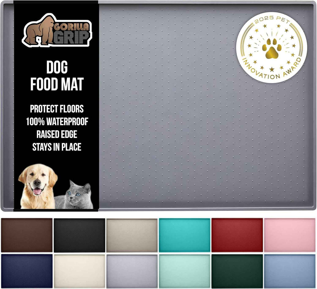 GORILLA GRIP 100% Waterproof Raised Edge BPA Free Silicone Pet Feeding Mat, Dog Cat Food Mats Contain Spills Protects Floors, Placemats for Cats and Dogs Water Bowl, Pets Accessories 18.5x11.5 Gray