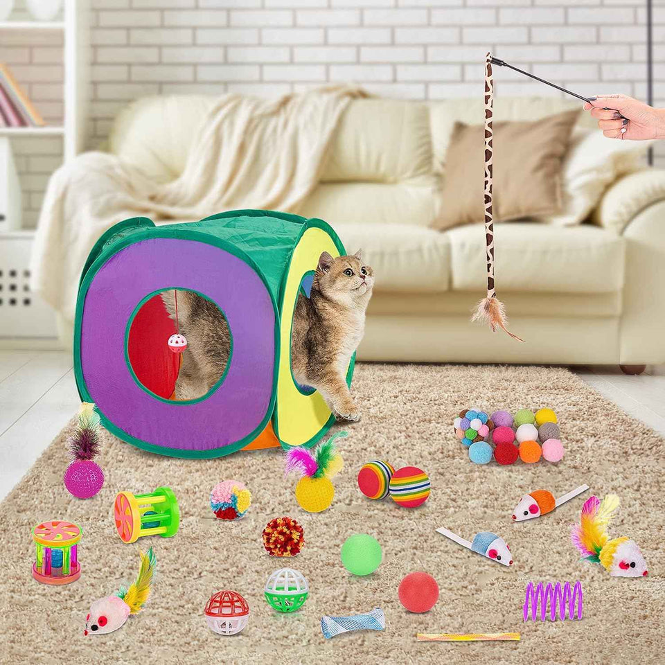 retro shaw cat toys pack, 33pc interactive kitten toys for indoor cats with collapsible play tunnel and feather wand