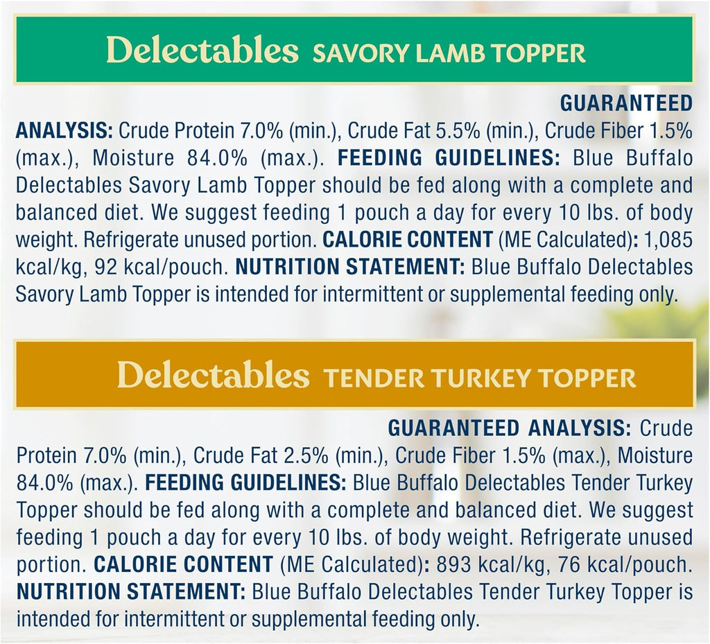 Blue Buffalo Delectables Natural Wet Dog Food Topper Variety Pack, Lamb & Turkey Dinner, 3oz, 12-Pack, 6-Flavor Assortment