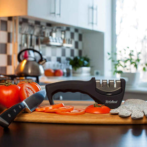 4-in-1 Kitchen Knife Sharpener and Cut-Resistant Glove Set by Kitchellence for Safe and Healthy Cooking