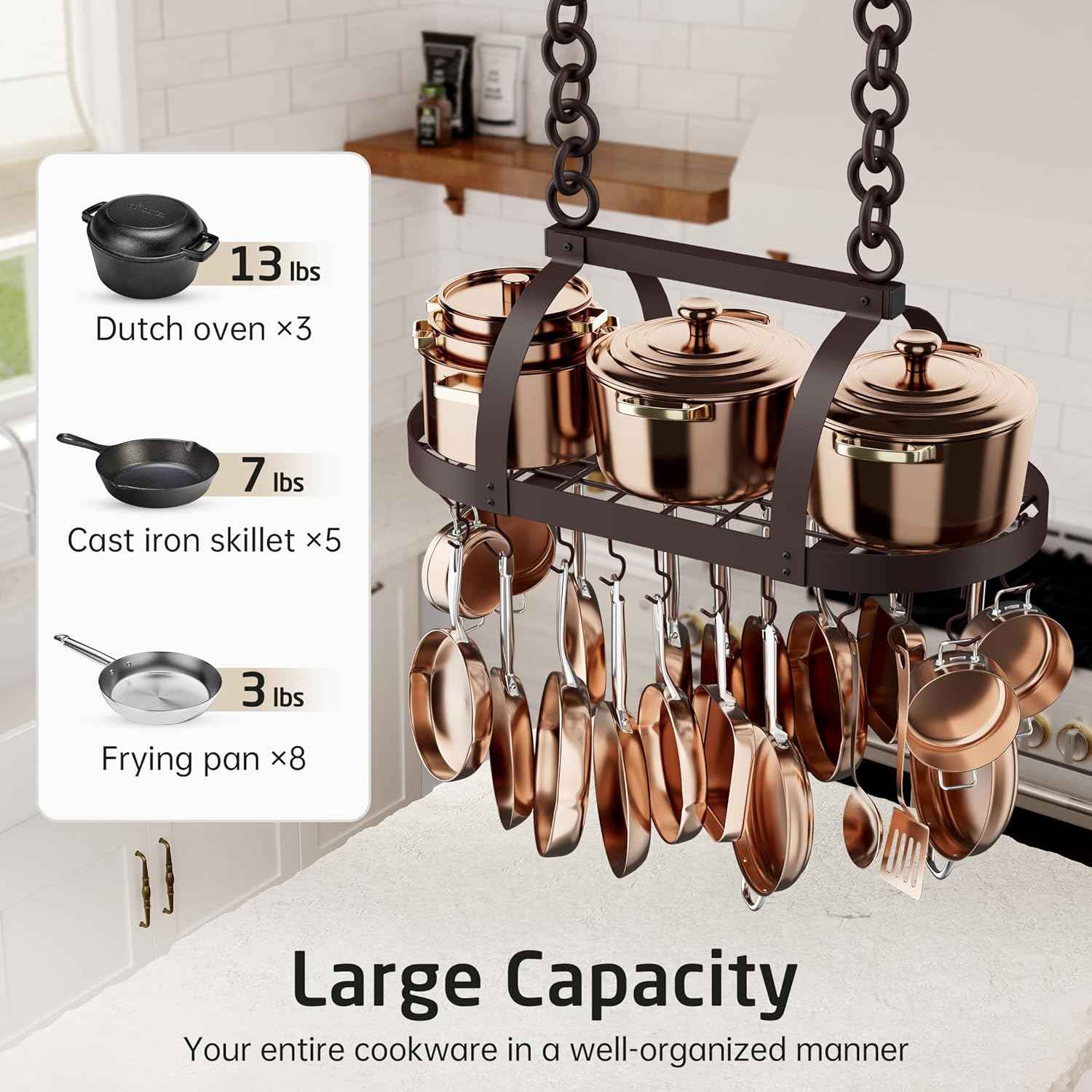 KES 34 inch Oiled Bronze Hanging Pot Rack with 20 Hooks for Kitchen Ceiling Mount, Heavy Duty Oval Pot Pan Hangers for 16 and 24 inch Joist Mount