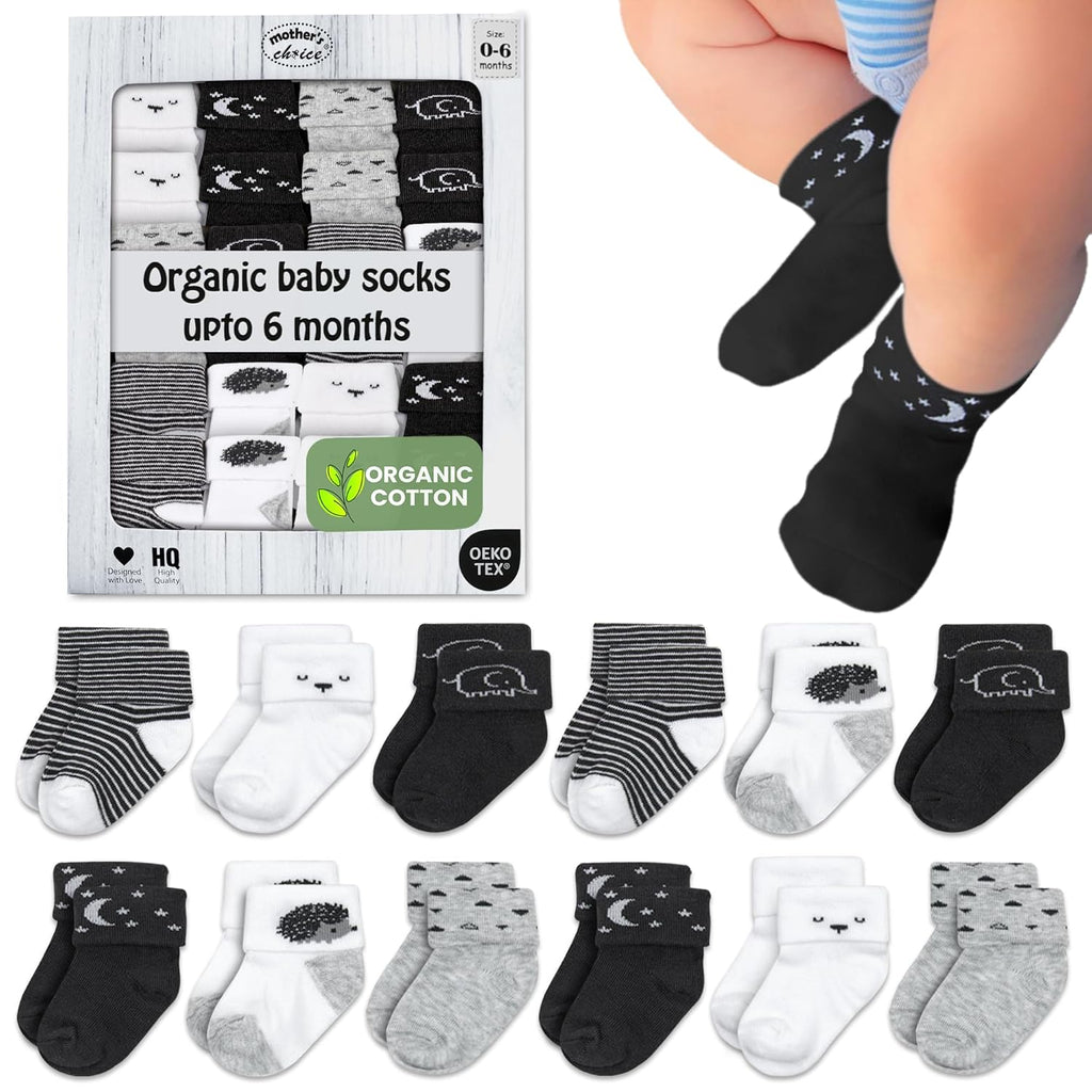 Mother's Choice Organic Cotton Baby Socks 0-6 Months, 12 pairs, Soft, Cozy, and Gentle Socks for Infants Girls and Boys