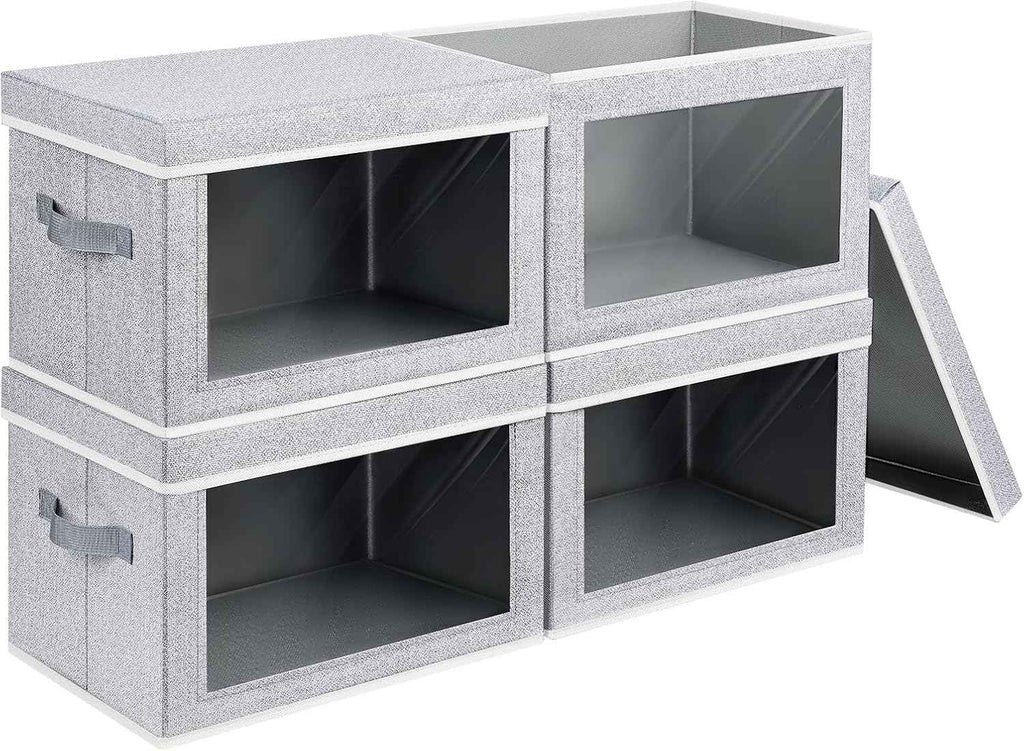 Storage Bins with Lids - Fabric Closet Storage Bins with Window, Collapsible Baskets for Shelves 4 Pack, Home Decorative Boxes for Clothes, Closet, Office, Grey