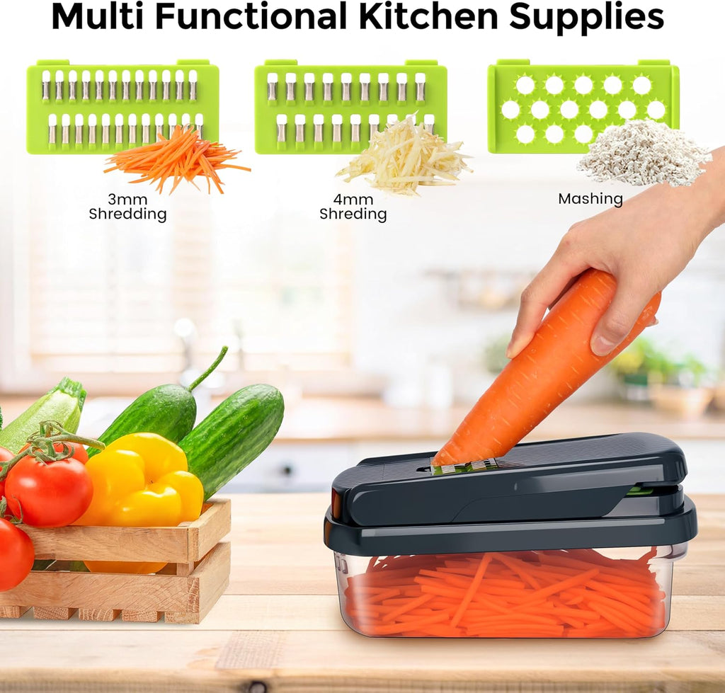 Vegetable Chopper,12-in-1 Multifunctional Food Chopper,Professional Onion Chopper with 7 Blades,Vegetable Cutter with Container for Salad,Potato,Carrot,and Garlic; Essential Kitchen Tool(Grey)
