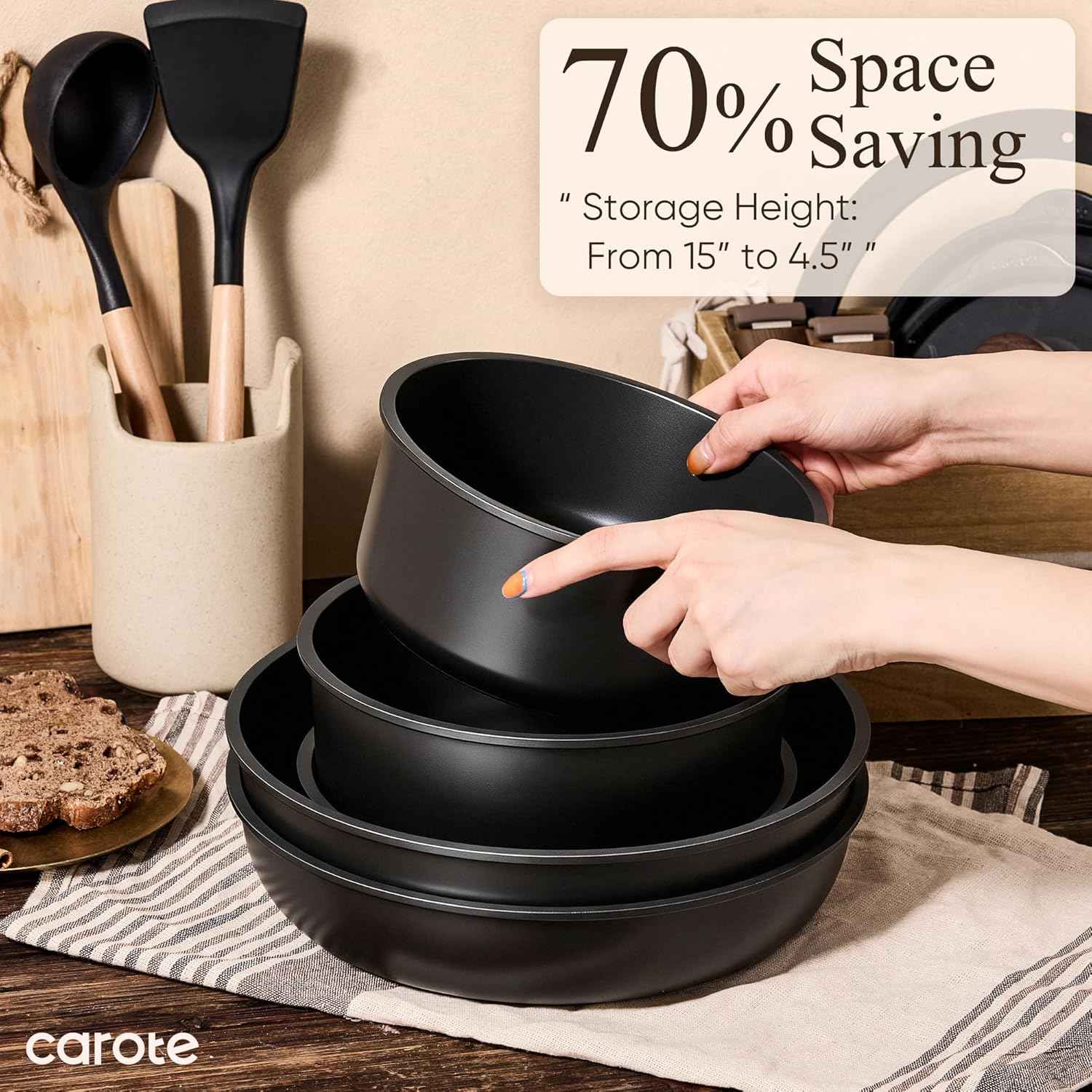 CAROTE 19-Piece Non-Stick Cookware Set, Induction Kitchen Pots and Pans, Oven, Dishwasher, and Fridge Safe, Space Saving