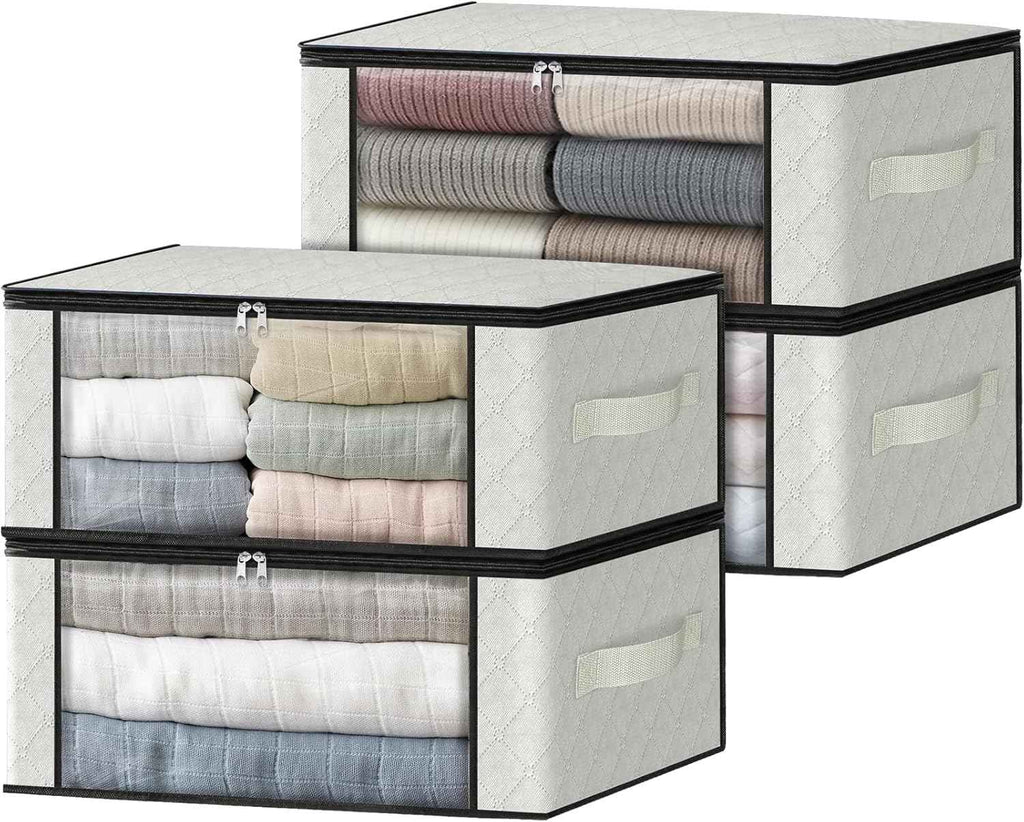 HomeHacks Storage 3-Pack Clothes Organizer Storage Bags Foldable Storage Box with Large Clear Window Sturdy Handles for Closet, Dorm, Pillows, Bedding, Clothes, Blankets, 35L, Gray