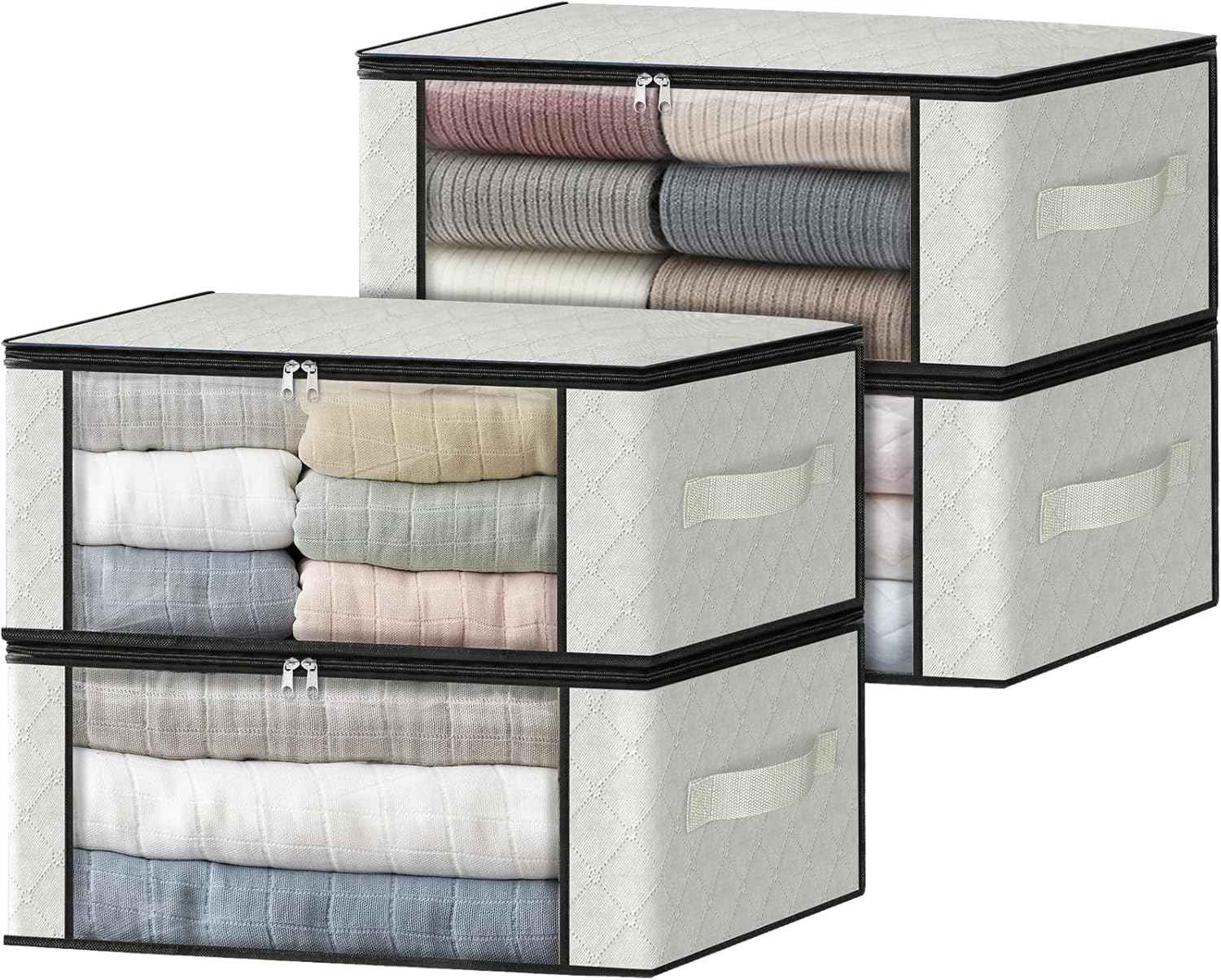 HomeHacks Storage 3-Pack Clothes Organizer Storage Bags Foldable Storage Box with Large Clear Window Sturdy Handles for Closet, Dorm, Pillows, Bedding, Clothes, Blankets, 35L, Gray