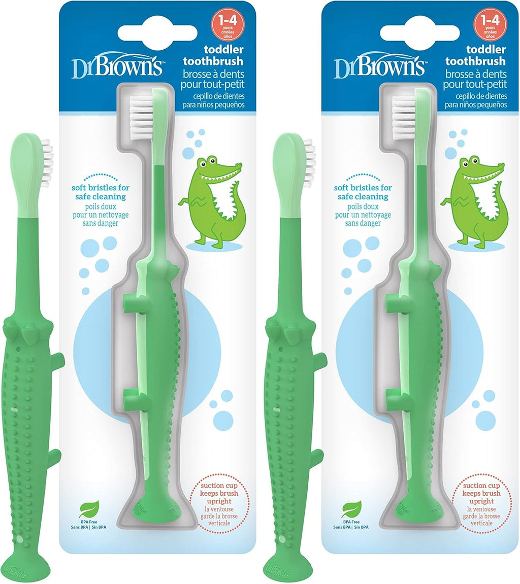 Dr Brown's Baby Toddler Toothbrush Green and Orange Dinosaur 2-Pack Ages 1-4 Years Soft Bristles Suction Cup Base