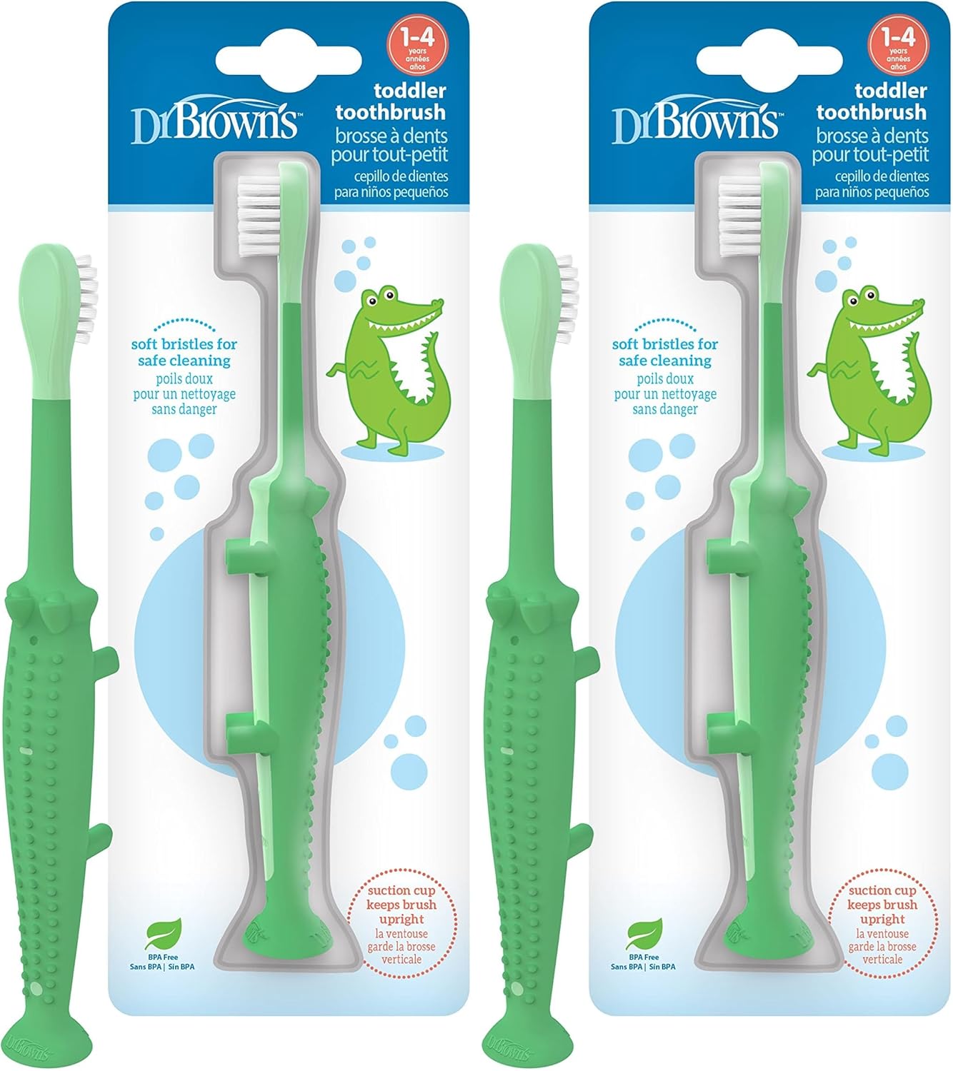 Dr Brown's Baby Toddler Toothbrush Green and Orange Dinosaur 2-Pack Ages 1-4 Years Soft Bristles Suction Cup Base