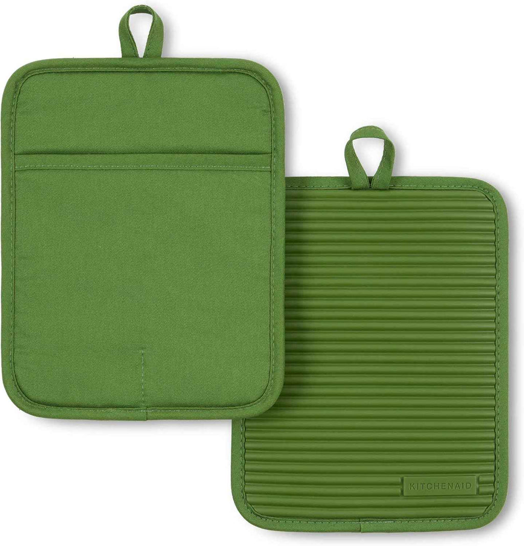KITCHENAID Ribbed Soft Silicone Pot Holder 2-Pack Set, Matte Black, 7"x9"