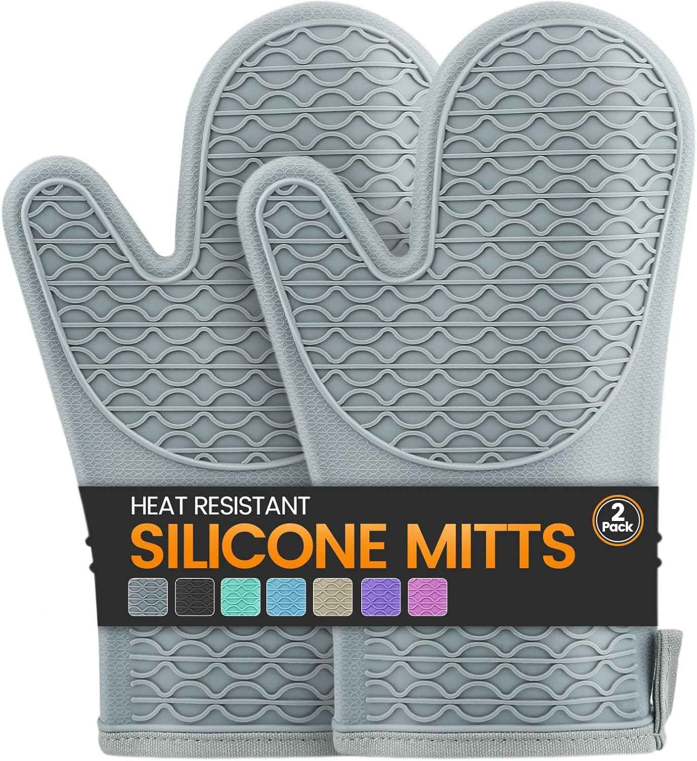 Grey Silicone Oven Mitts, Heat Resistant 2PCS with Soft Cotton Lining, Waterproof Grip, Kitchen Potholder, 12.5 Inch