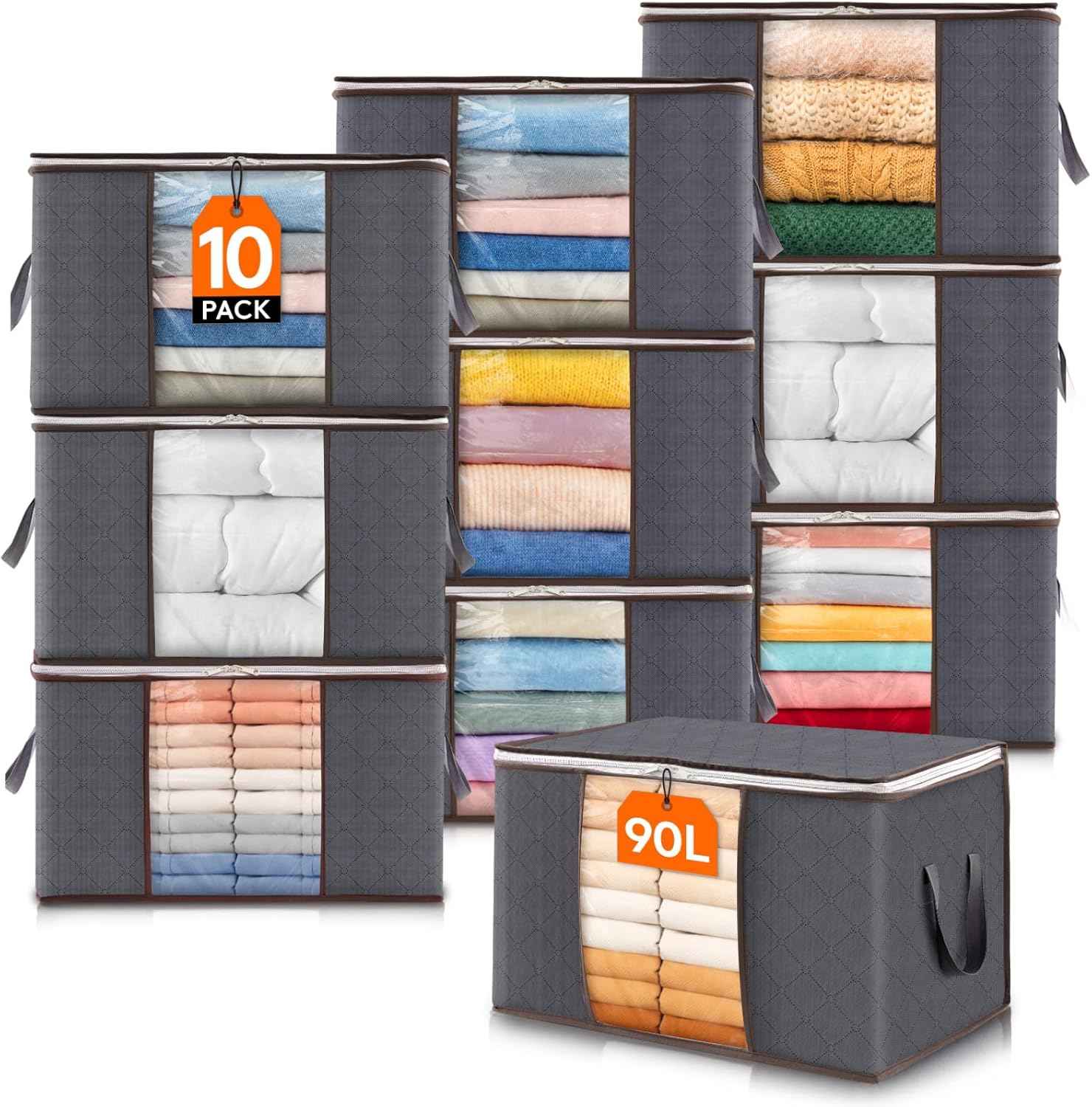 Lifewit 6 Pack Clothes Storage Bins with Lids, Foldable Blanket Storage Bags with Zippers, Clear Window and Reinforced Handles, Closet and Organization for Clothing, Sweater, Comforter, Bedding, Gray