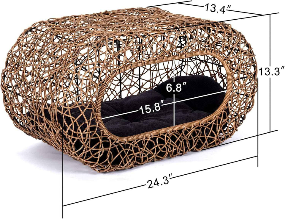 d+ garden cat hideaway house for indoor cats, faux rattan cat bed with top/side entry and enclosed space, 24.5 x 13.3 x 13.8 inches, pet friendly