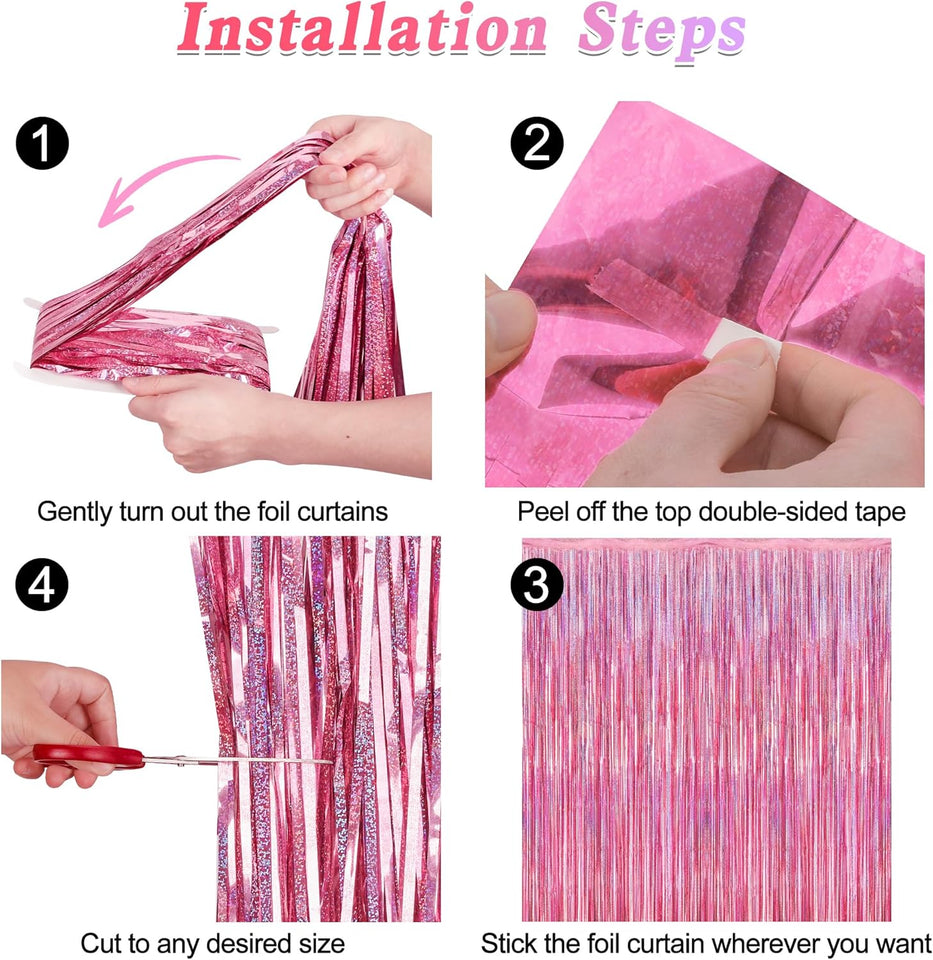 2 Pack Glitter Pink Backdrop, 3.28 FT x 7.05 FT Birthday Party Decorations, Laser Pink Fringe Curtains Foil Streamer Tinsel, Pink Curtains Photo Backdrop Happy Birthday Valentines Day Backdrop