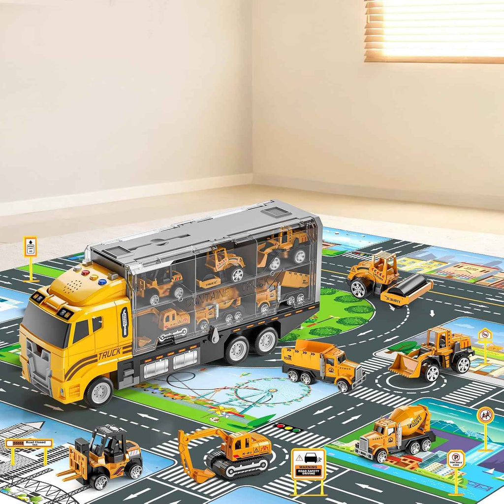 Niplooow toddler boys construction truck vehicle toy set with play mat and die-cast toy car for kids 3-5