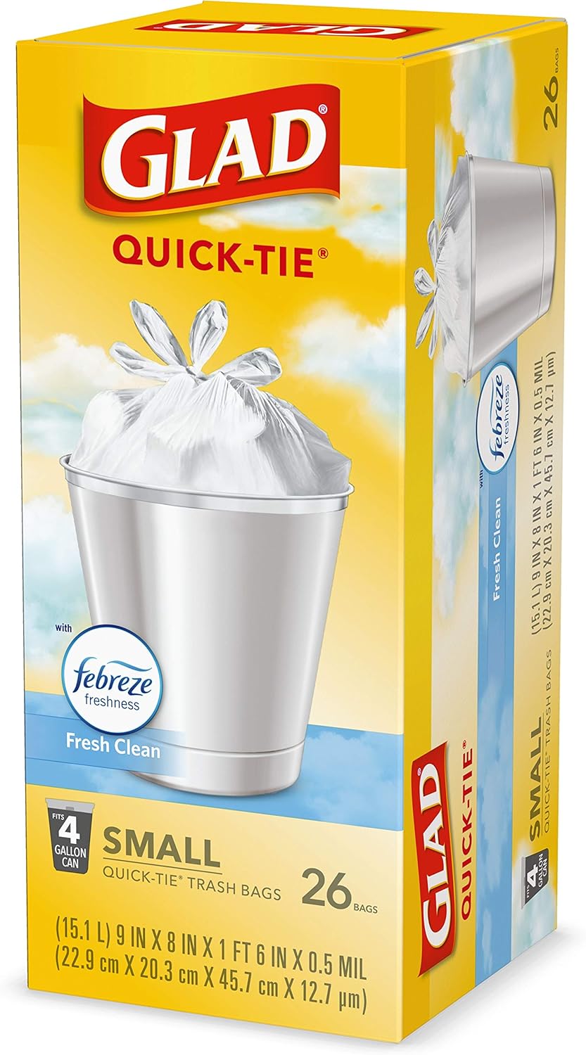 Glad Small Trash Bags 4 Gallon, Febreze Fresh Clean Garbage Bags, Odor Resistant with Quick Tie, 26 Count - ShopUS