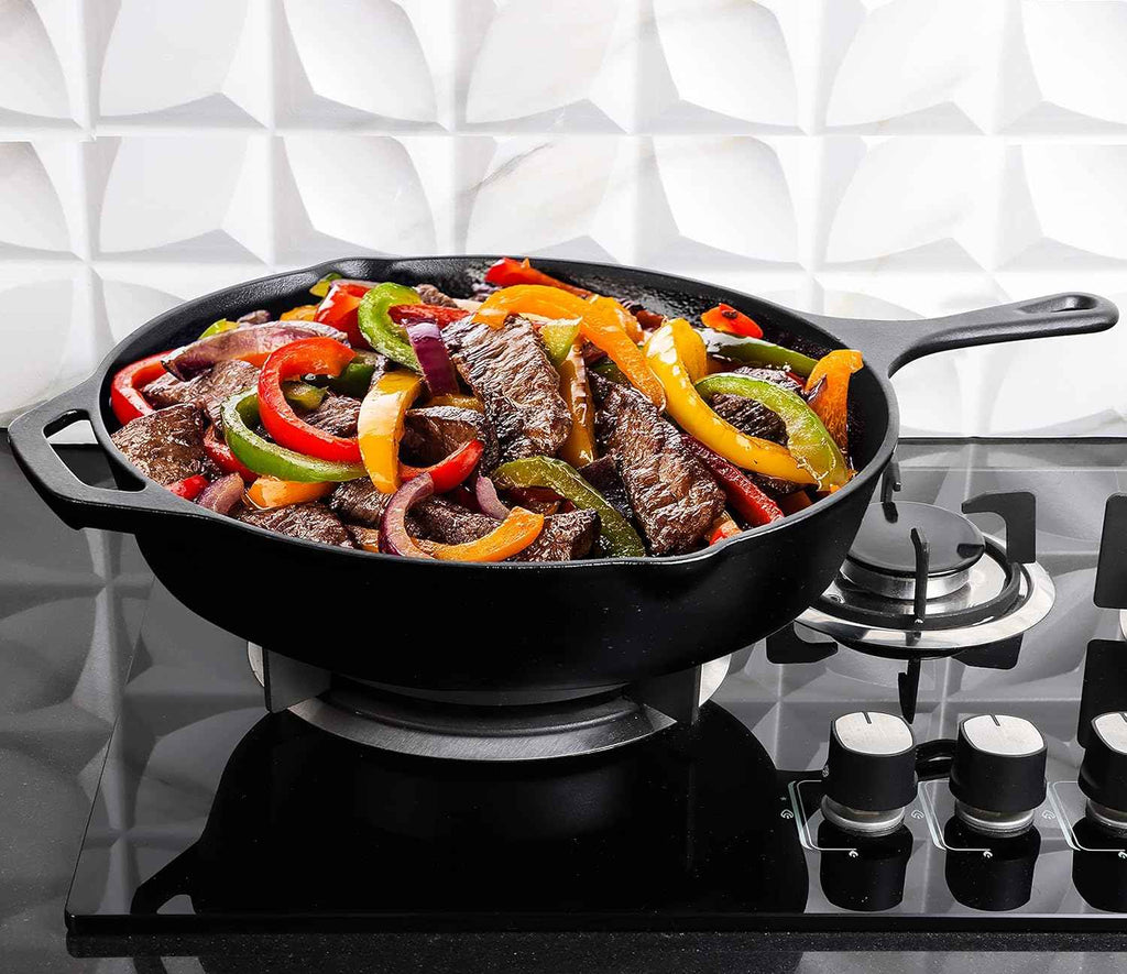 Utopia 12-inch pre-seasoned cast iron skillet, chef's pan for stovetop, oven, campfire, and grill use, black finish