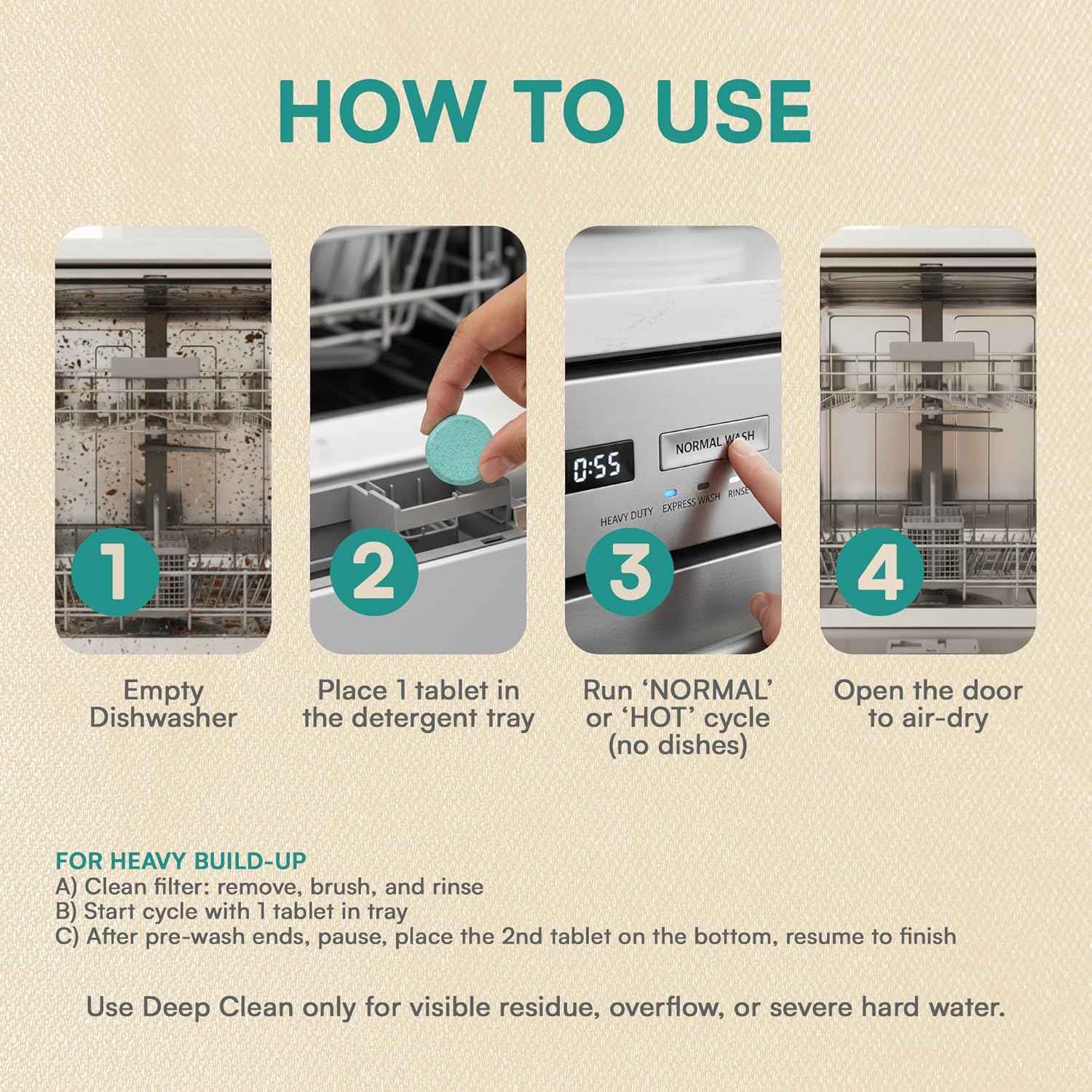 Dishwasher cleaner and deodorizer tablets - 24 pack, heavy duty, natural descaler and odor eliminator
