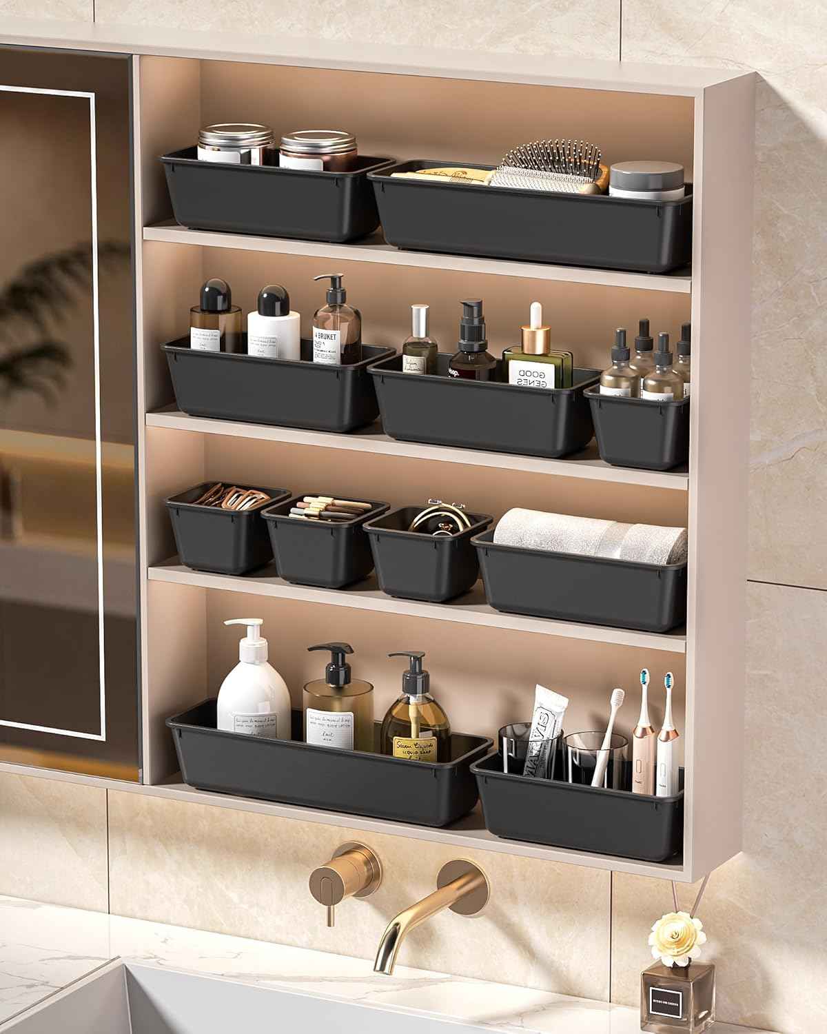 25-piece plastic drawer organizer set, 4 sizes, black, for makeup and desk storage