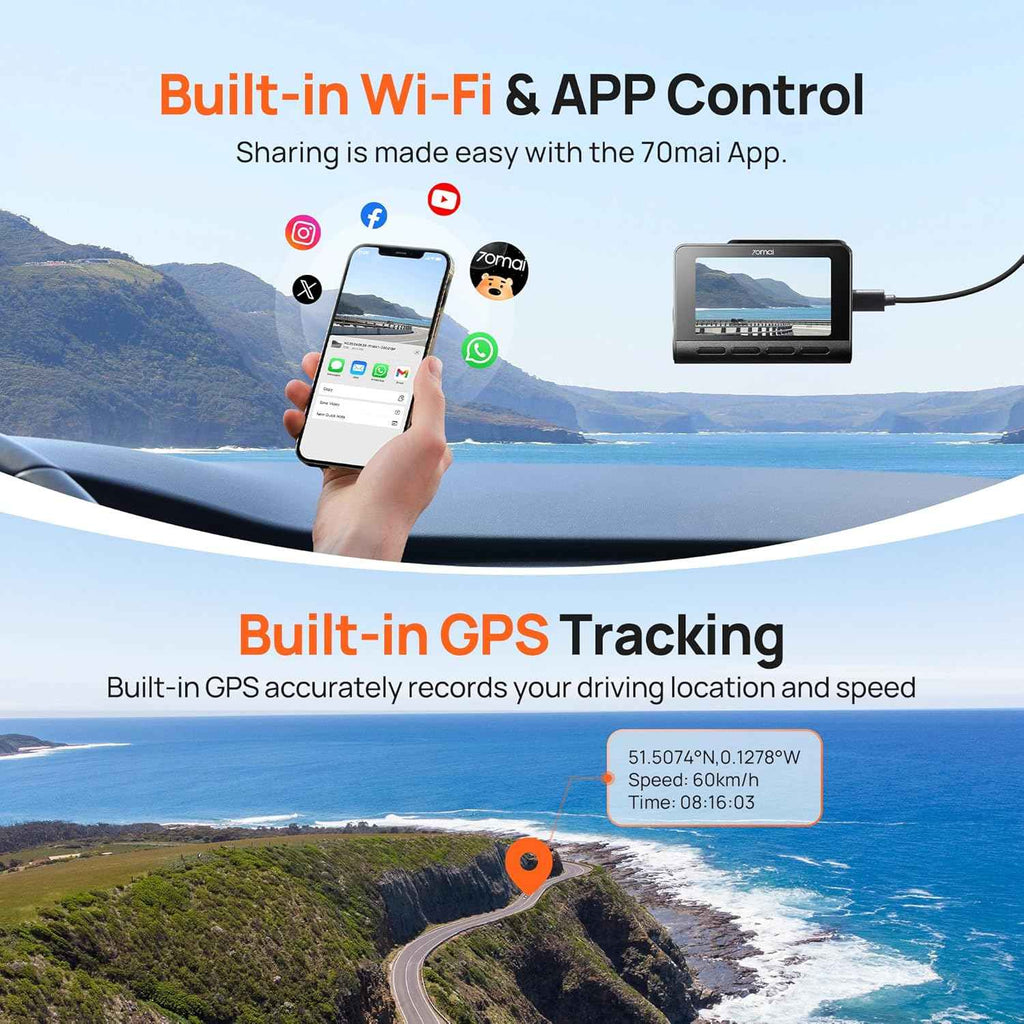 70mai 4K front and rear dash cam with STARVIS, Wi-Fi, GPS, and ADAS features