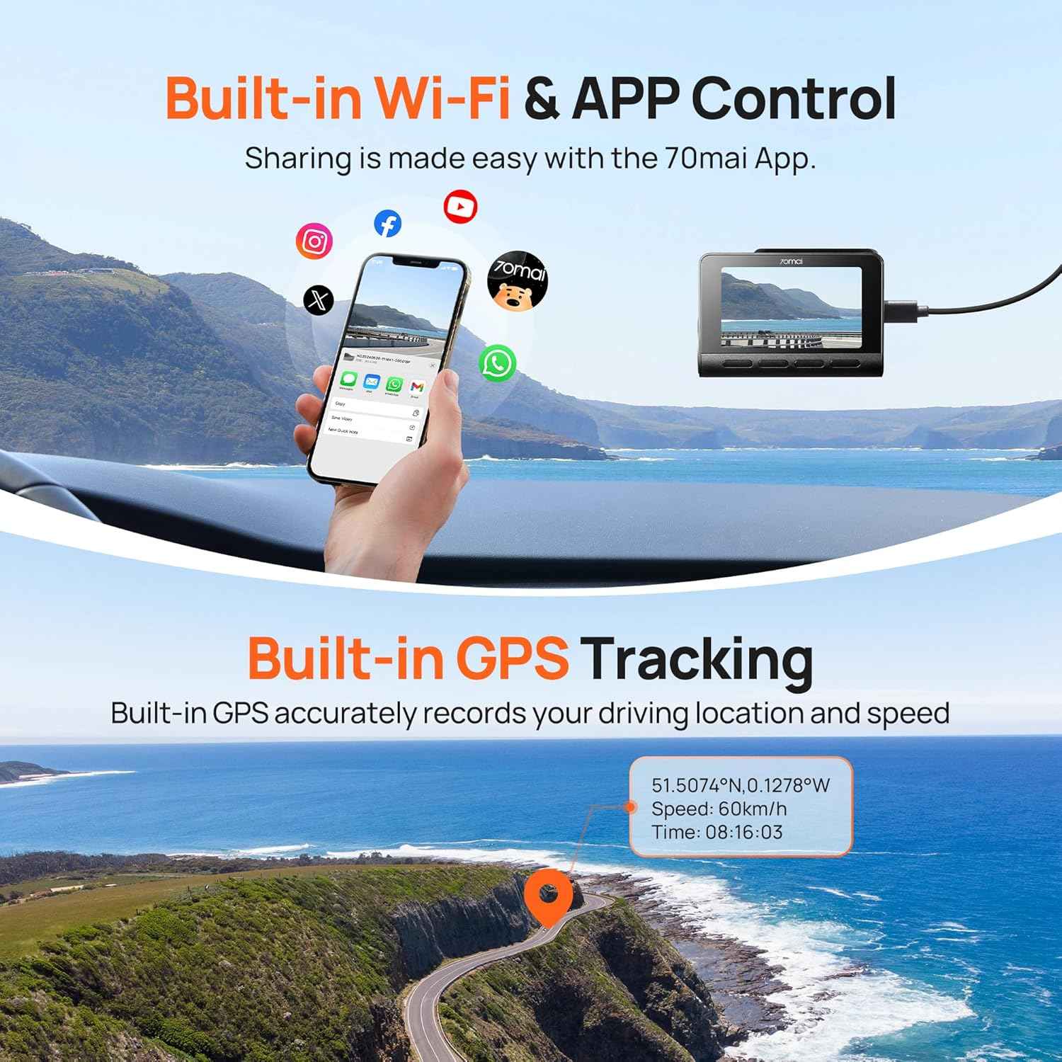 70mai 4K front and rear dash cam with STARVIS, Wi-Fi, GPS, and ADAS features