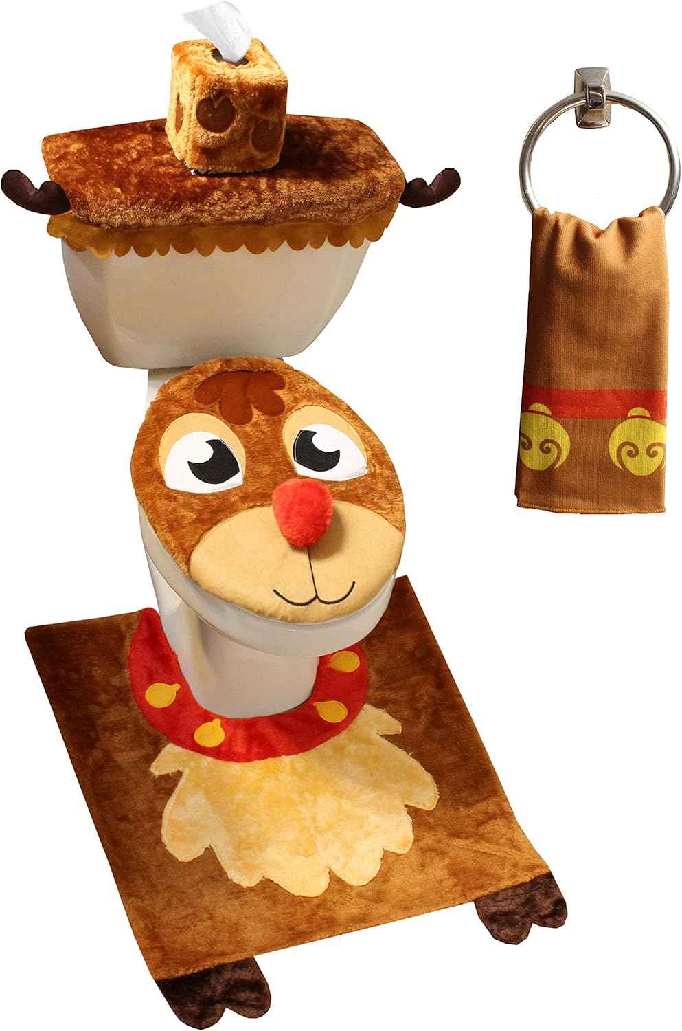 JOYIN 5 Pieces Christmas Theme Bathroom Decoration Set w/Toilet Seat Cover, Rugs, Tank Cover, Toilet Paper Box Cover and Santa Towel for Xmas Indoor Décor, Party Favors (Santa)