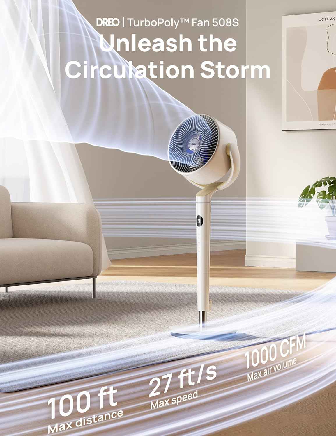 Dreo 120°+120° Omni-Directional Oscillating Fan, 90ft Pedestal Fan with RGB Light, 9 Speeds, 6 Modes, 20dB, 8H Timer, Wi-Fi, Voice, Alexa Control, 37-42" Floor Fan with Remote