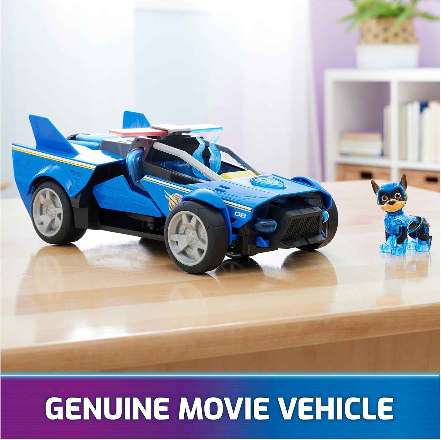 paw patrol mighty movie chase cruiser with mighty pups action figure, lights and sounds for kids 3+