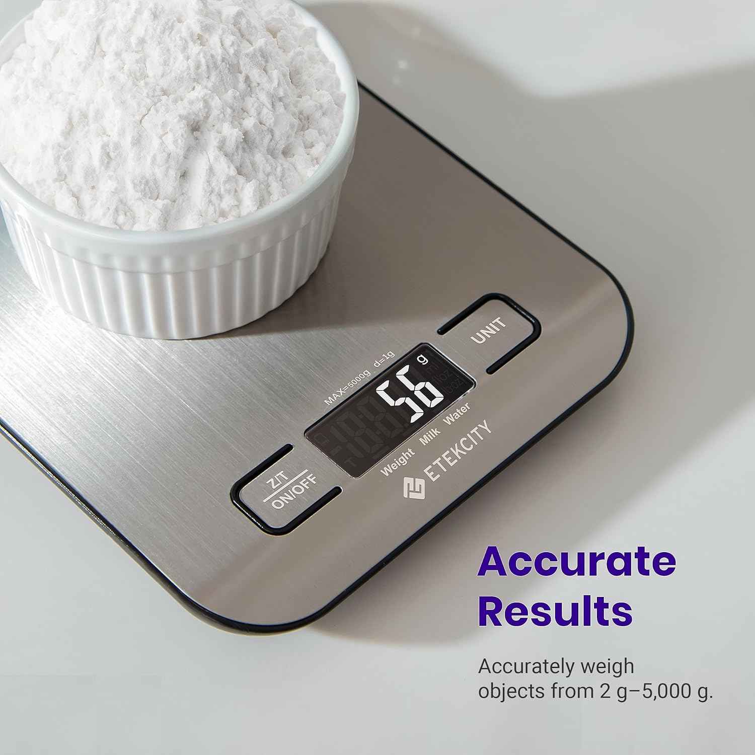 Etekcity digital kitchen scale, medium, 304 stainless steel, 11lb capacity, LCD display, grams and ounces