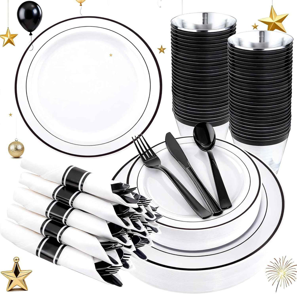 WELLIFE 700 Pieces Silver Plastic Dinnerware Set for 100 Guests - Includes Plates, Cups, Napkins, and Disposable Cutlery - Elegant White & Silver Design, Perfect for Parties and Events