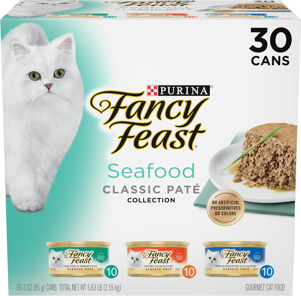 PLrina Fancy Feast Seafood Classic Pate Collection Grain Free Wet Cat Food Variety Pack - (Pack of 30) 3 oz. Cans