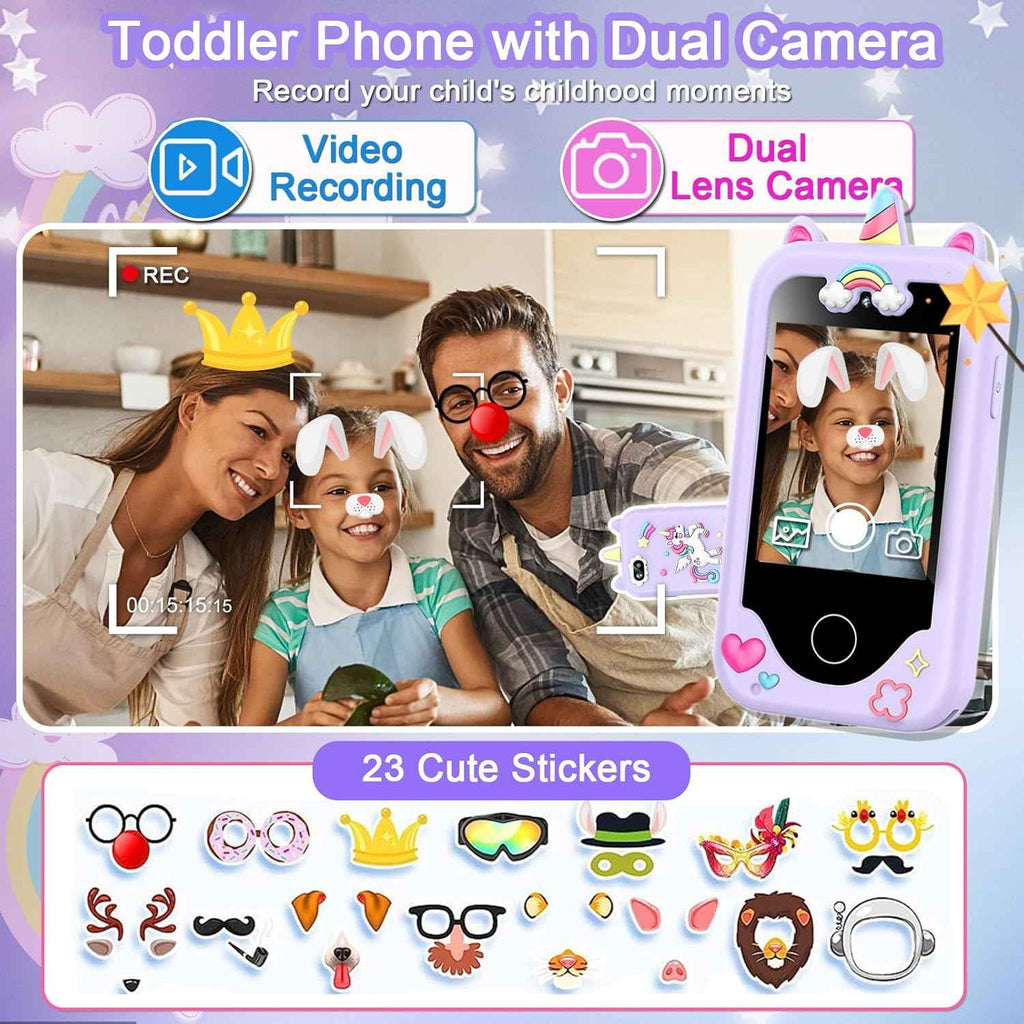 Purple 2.8" touchscreen kids phone for 3-10 year old girls, dual camera, music player, and learning games