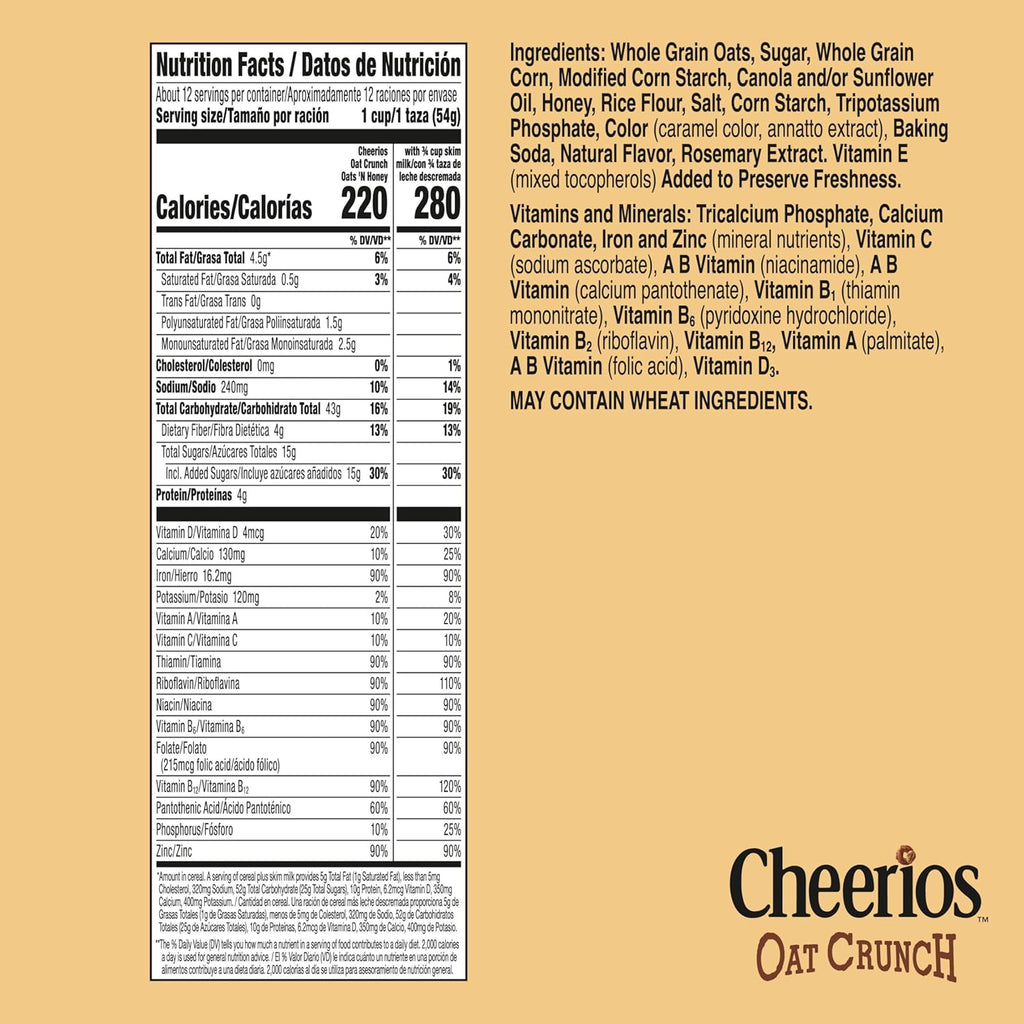Cheerios Oat Crunch Oats 'N Honey Breakfast Cereal, 24 oz Family Size, Whole Grain, Multigrain