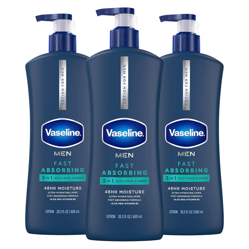Vaseline Men's Healing Moisture Hand & Body Lotion For Dry or Cracked Skin Fast Absorbing Non-Greasy Lotion for Men 20.3 oz, Pack of 3