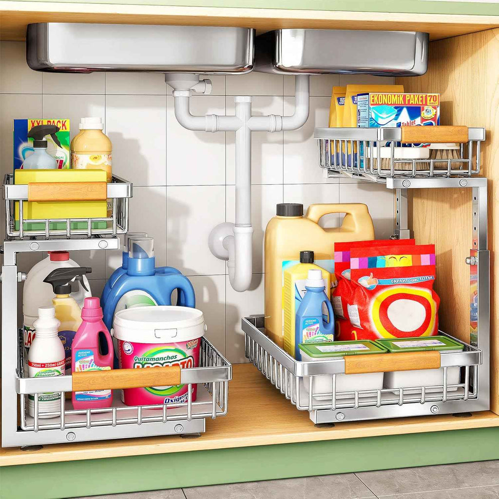 Under Sink Organizer, 2 Packs 2 Tier Under Sink Organizers and Storage, Slide out Pull out Cabinet Organizer Shelf, Metal Sliding Drawer for Kitchen Bathroom Pantry Cabinet Closet Organization Rack