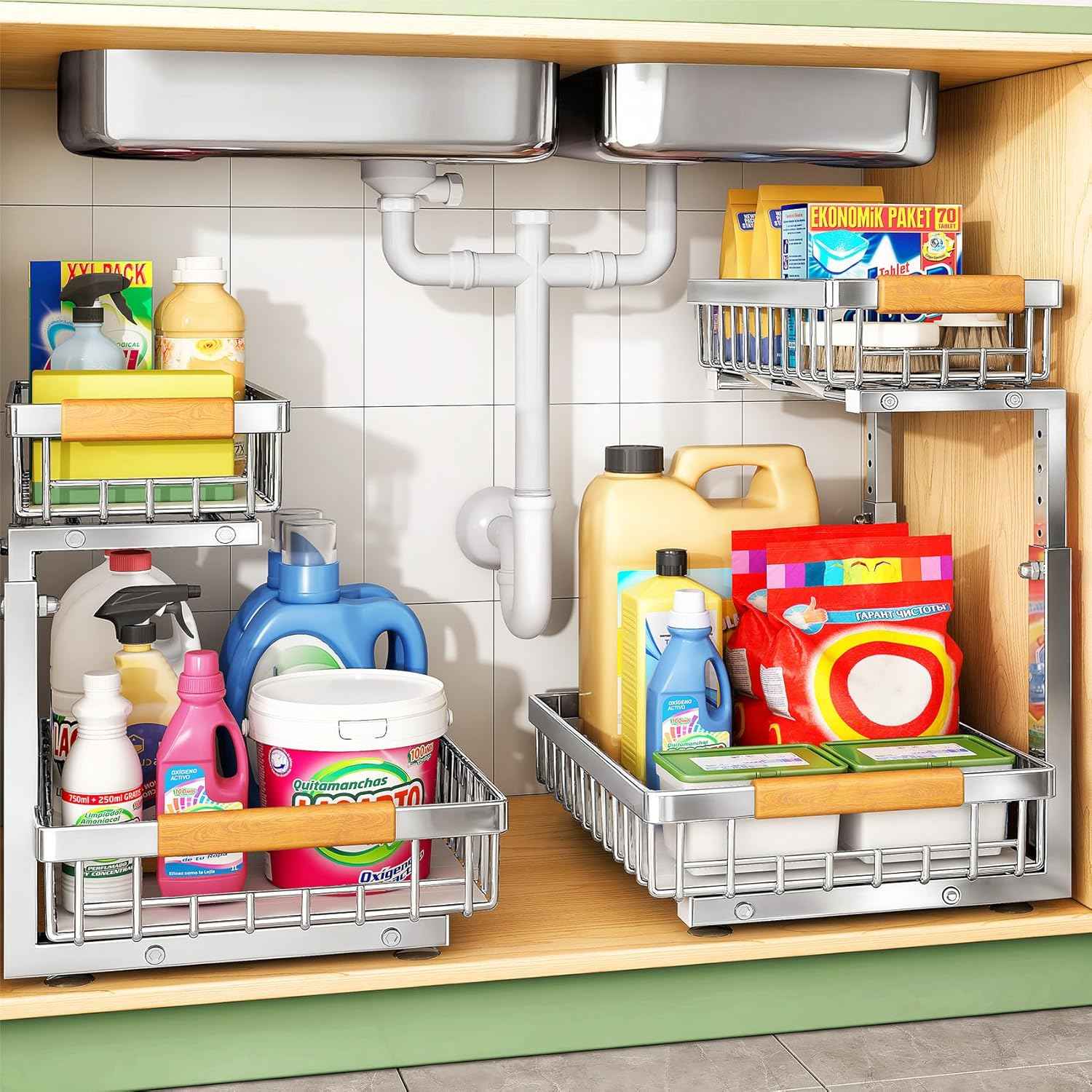 Under Sink Organizer, 2 Packs 2 Tier Under Sink Organizers and Storage, Slide out Pull out Cabinet Organizer Shelf, Metal Sliding Drawer for Kitchen Bathroom Pantry Cabinet Closet Organization Rack